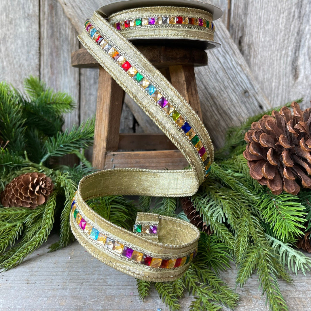 1" Gold KALEIDOSCOPE Ribbon, Farrisilk Ribbon, Gold Jeweled Ribbon