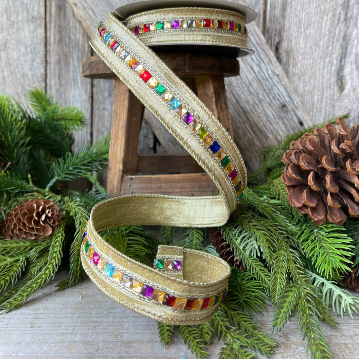 1" Gold KALEIDOSCOPE Ribbon, Farrisilk Ribbon, Gold Jeweled Ribbon