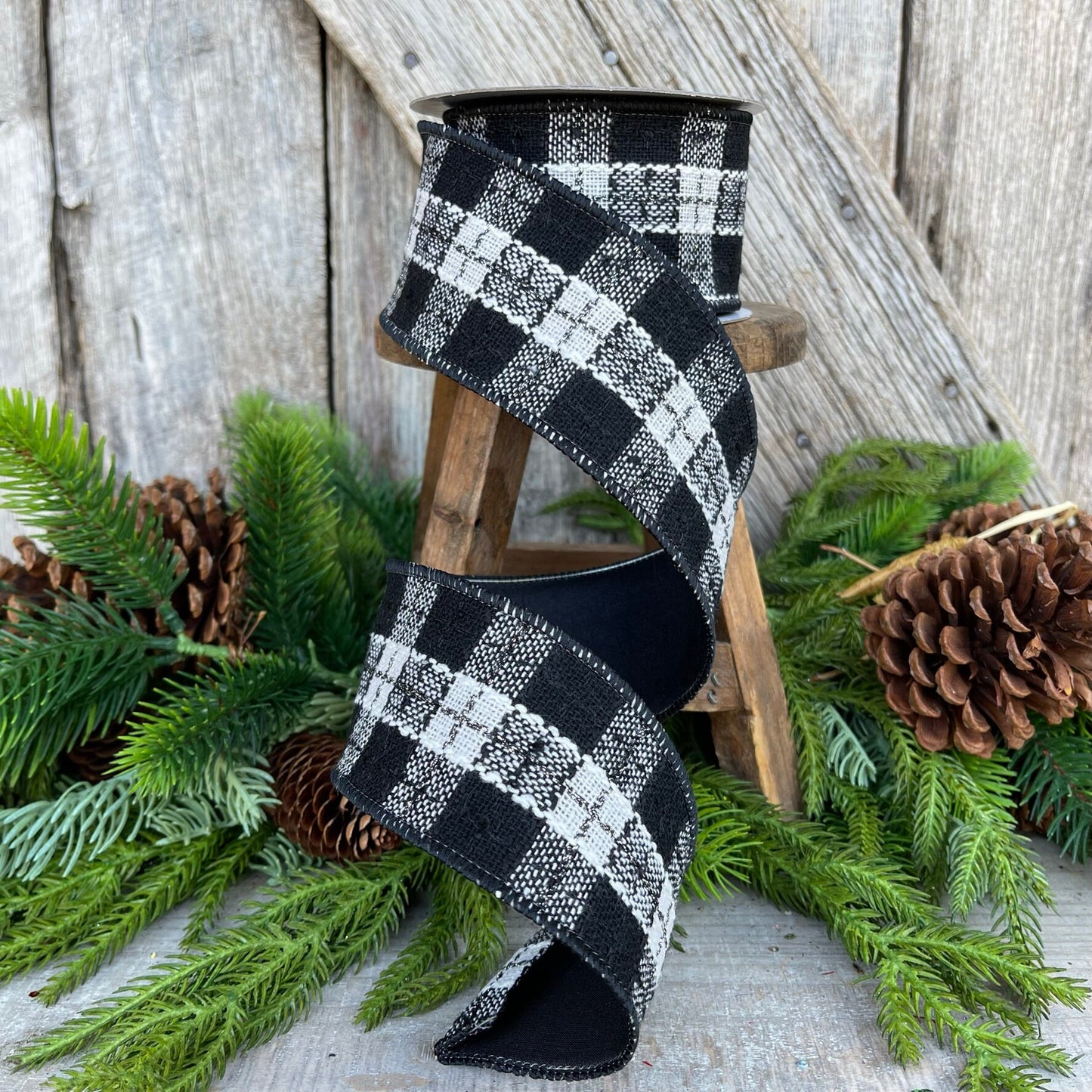 2.5" Black White Preppy Plaid Ribbon, Farrisilk Ribbon