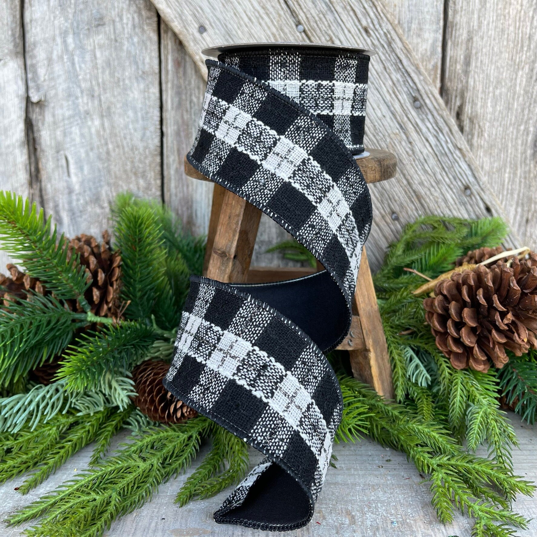 2.5" Black White Preppy Plaid Ribbon, Farrisilk Ribbon