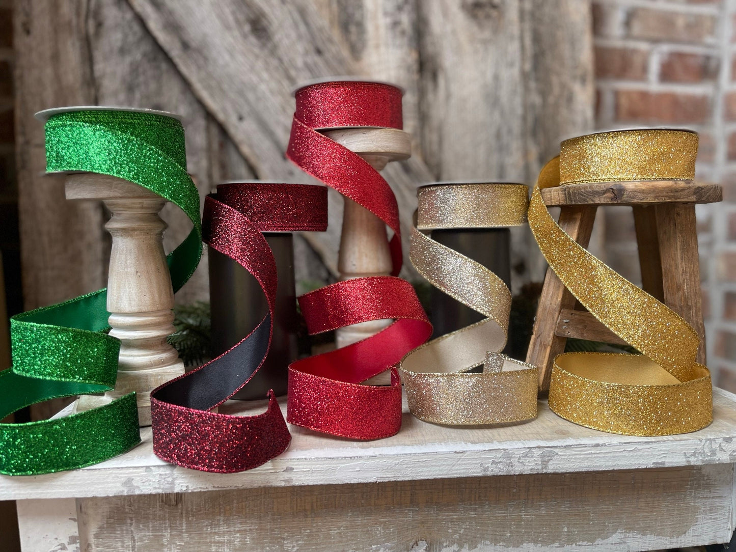 1.5" Christmas Ribbon, Farrisilk Ribbon, Diamond Dust Ribbon, Red, Emerald Green, Ruby, Gold, Light Gold, Wired Ribbon, Glitter Ribbon
