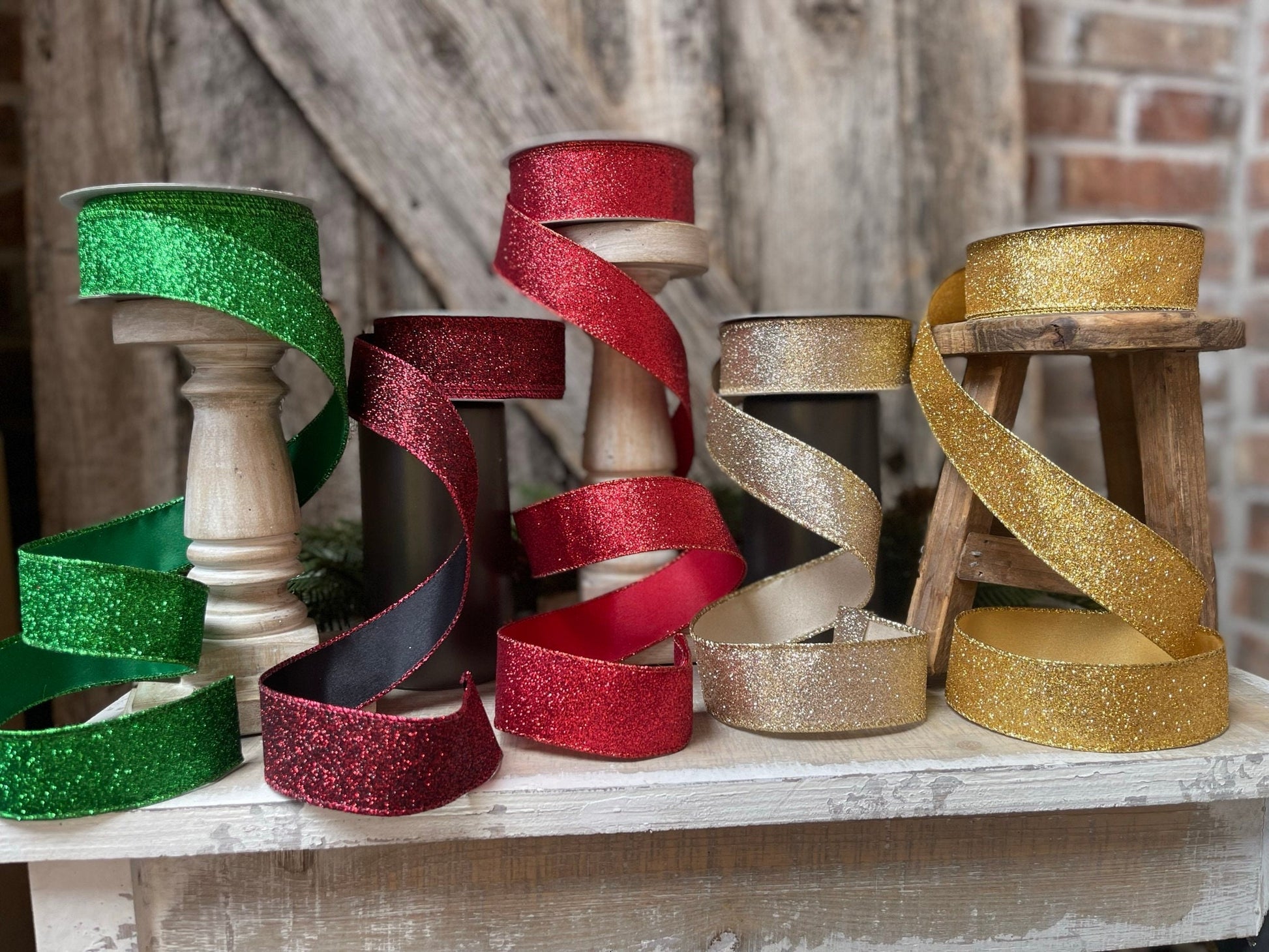 1.5" Christmas Ribbon, Farrisilk Ribbon, Diamond Dust Ribbon, Red, Emerald Green, Ruby, Gold, Light Gold, Wired Ribbon, Glitter Ribbon