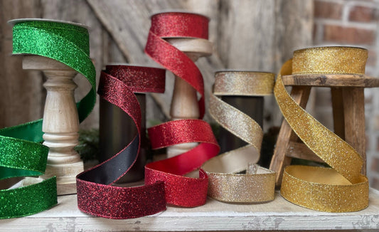 1.5" Christmas Ribbon, Farrisilk Ribbon, Diamond Dust Ribbon, Red, Emerald Green, Ruby, Gold, Light Gold, Wired Ribbon, Glitter Ribbon