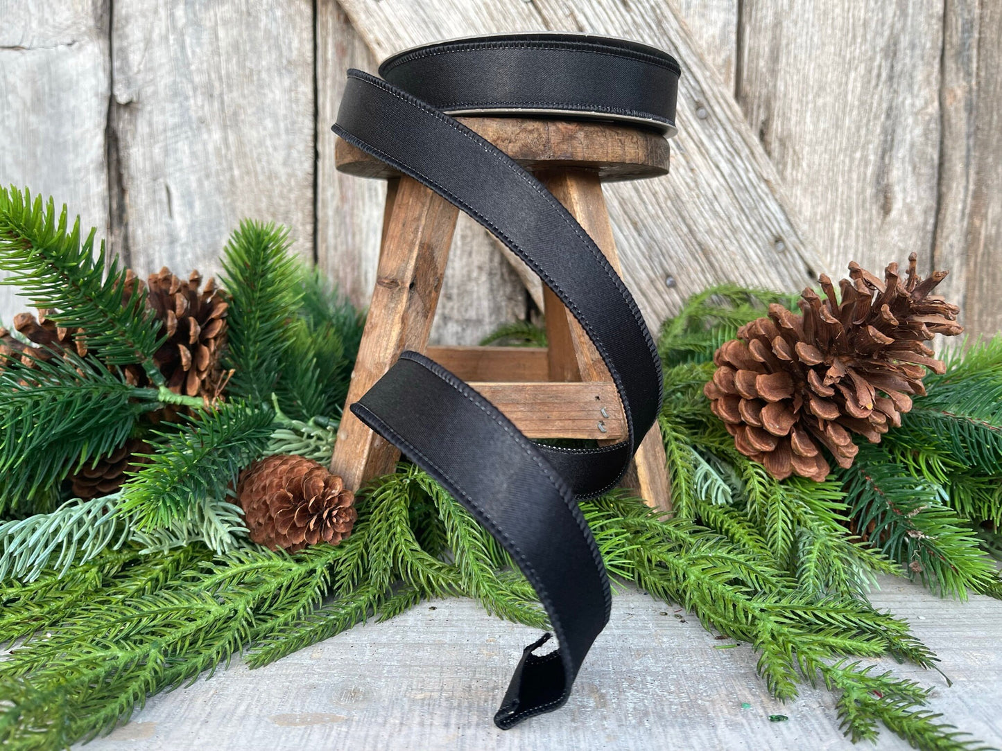 1" Black Wired Satin Ribbon, Farrisilk Ribbon, Satin Ribbon