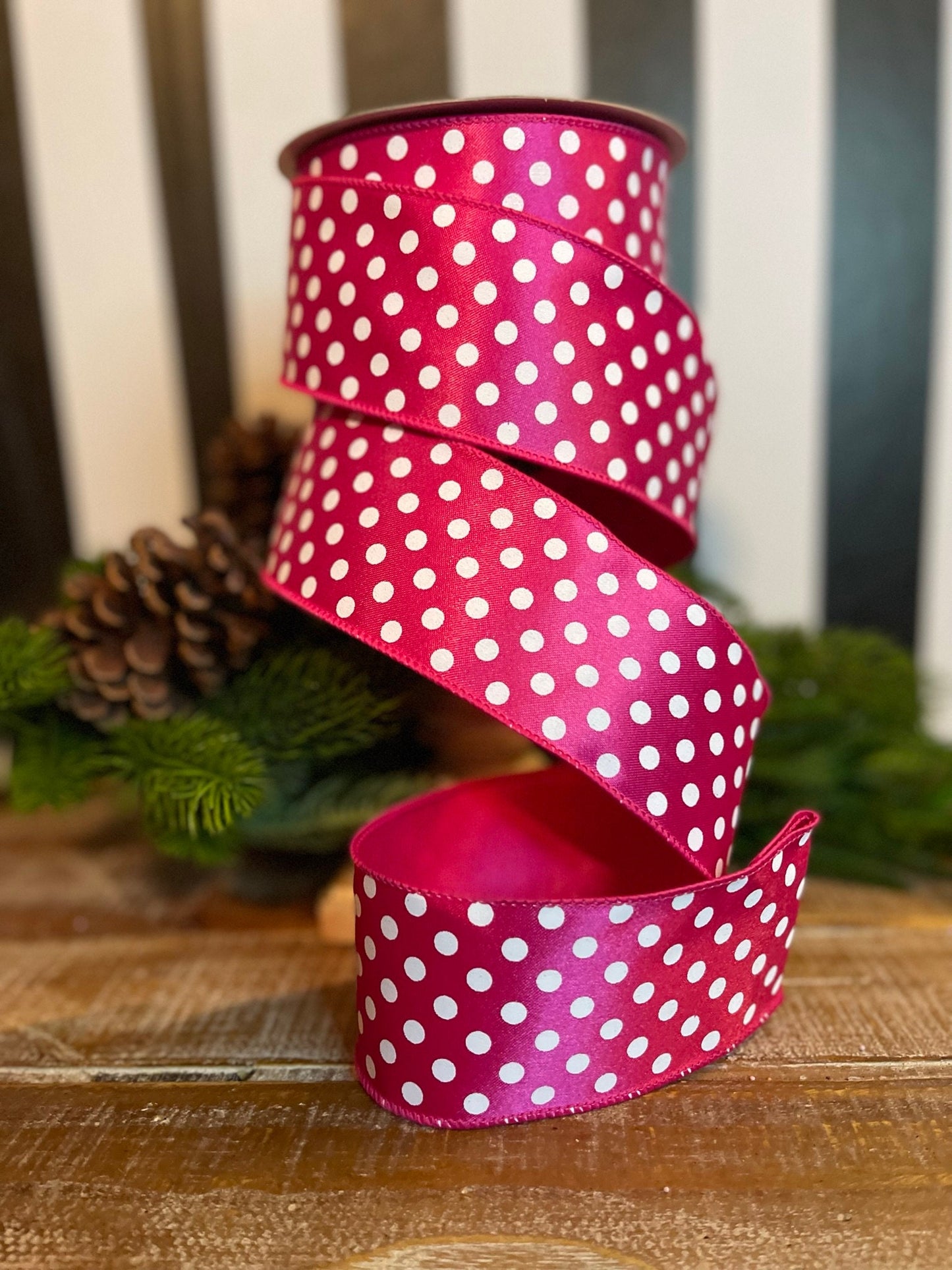 2.5" Hot Pink Mini Dots, Farrisilk Ribbon, Wired Ribbon