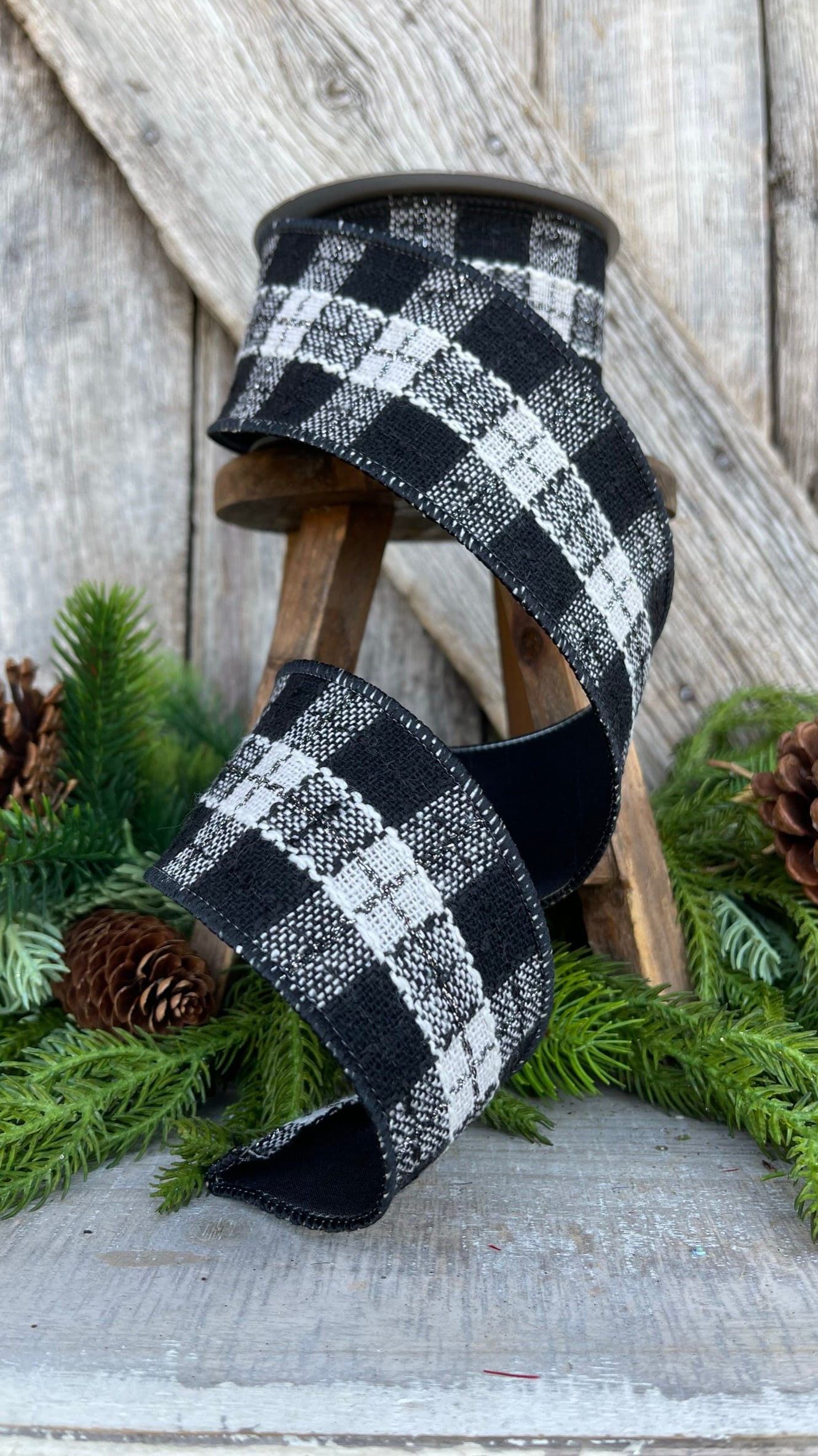 2.5" Black White Preppy Plaid Ribbon, Farrisilk Ribbon