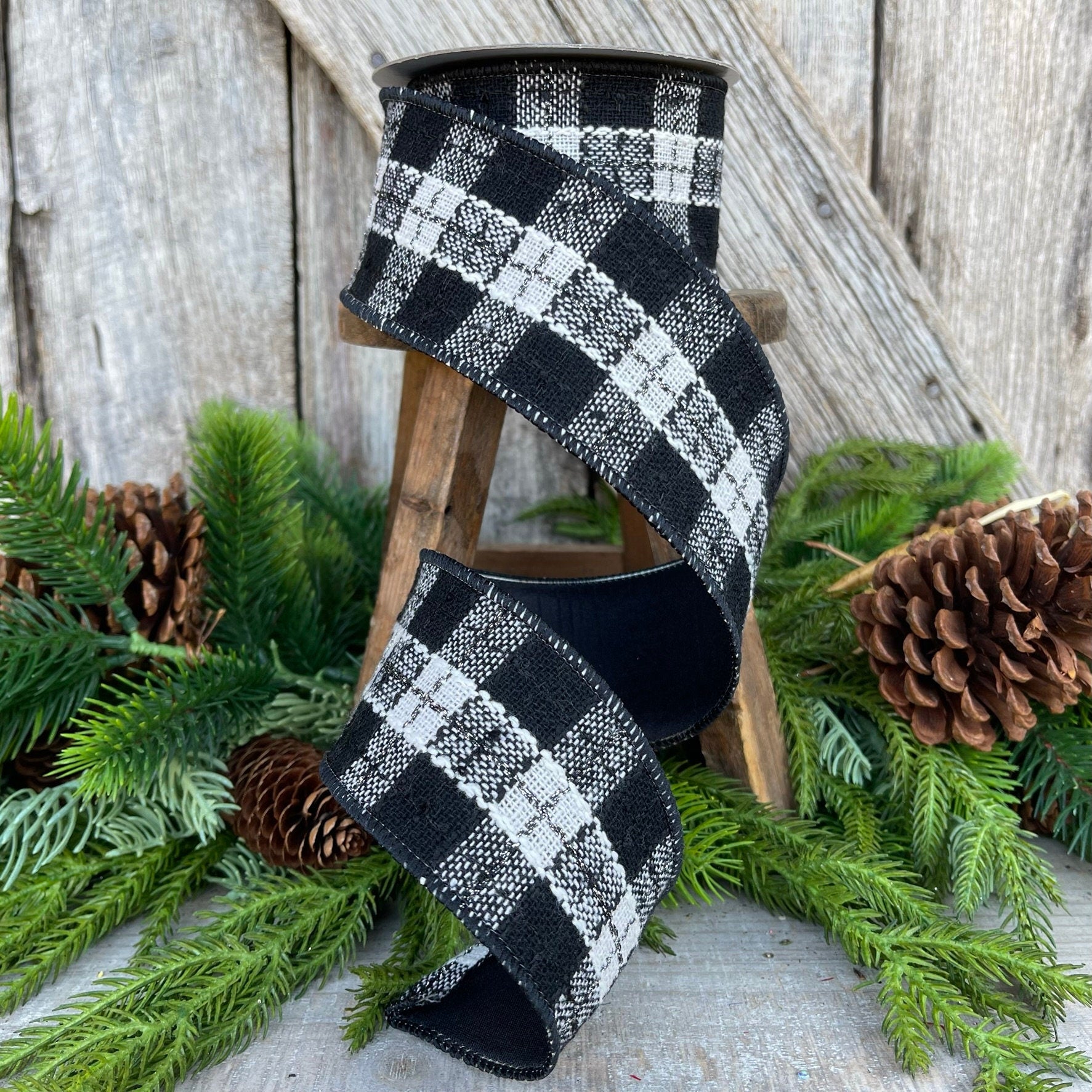 2.5" Black White Preppy Plaid Ribbon, Farrisilk Ribbon