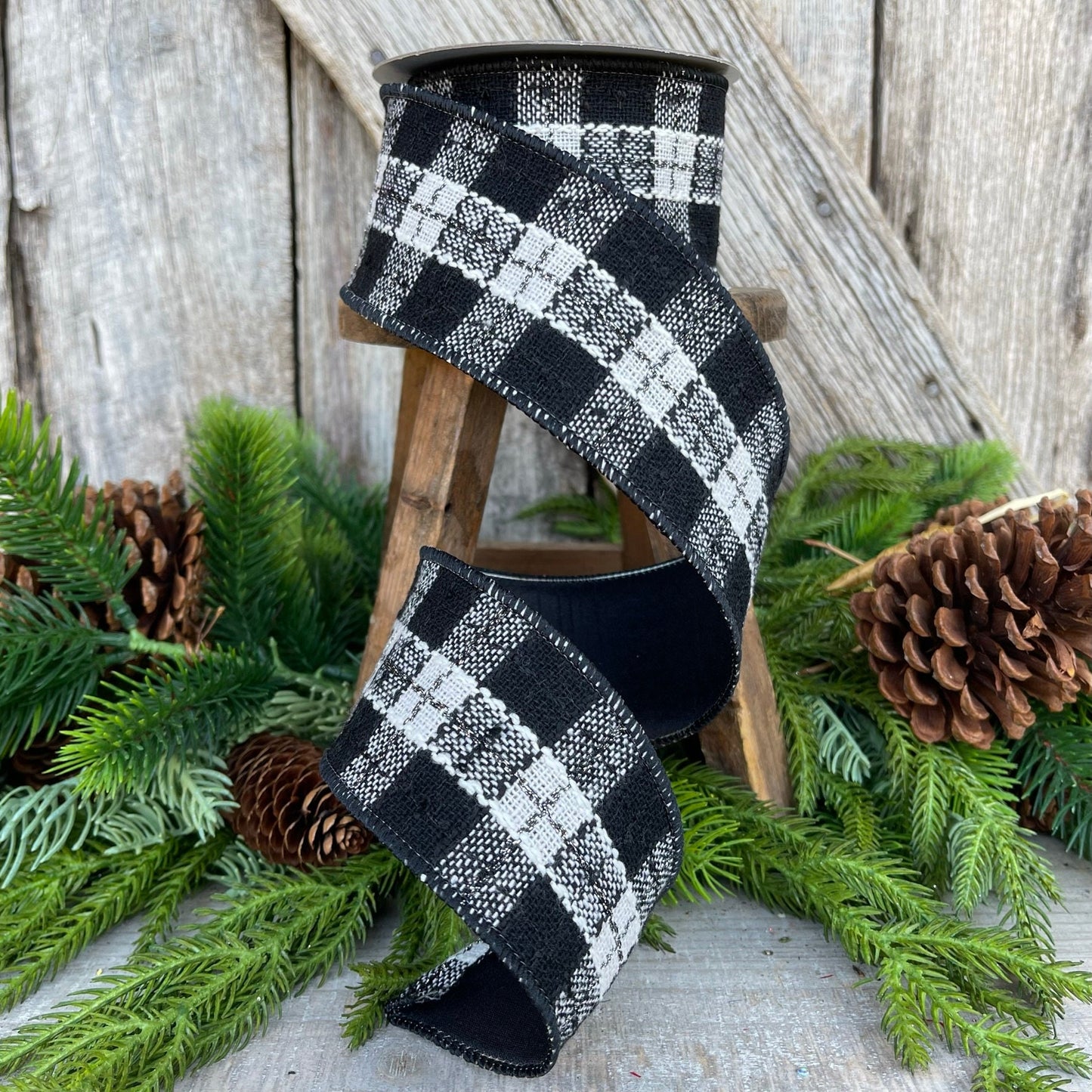 2.5" Black White Preppy Plaid Ribbon, Farrisilk Ribbon
