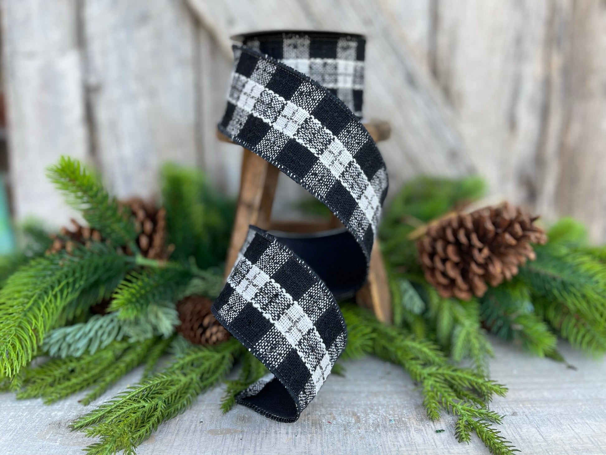 2.5" Black White Preppy Plaid Ribbon, Farrisilk Ribbon