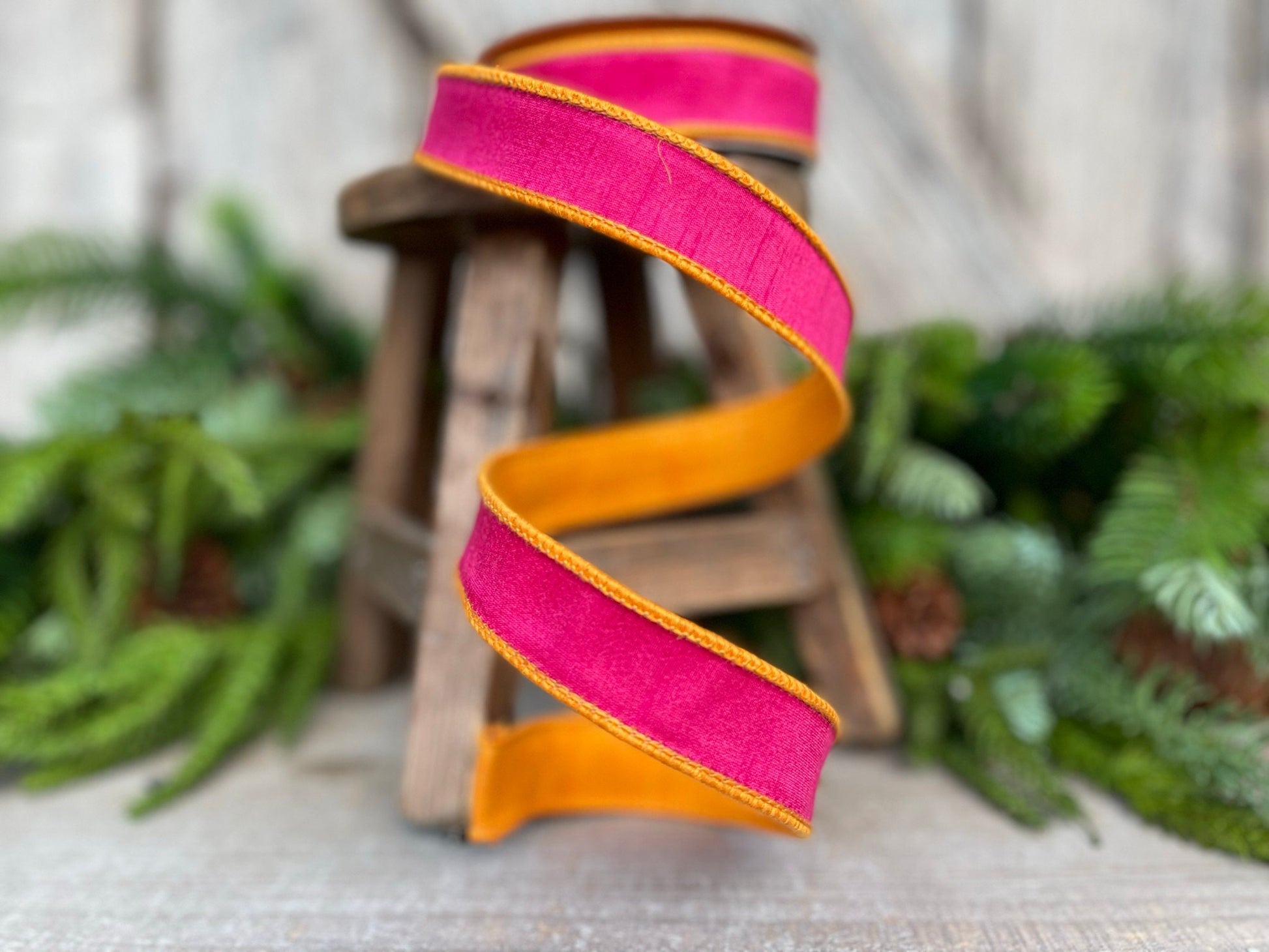 1" Pink Orange Contrast Taffeta, Farrisilk Ribbon, Wired Ribbon