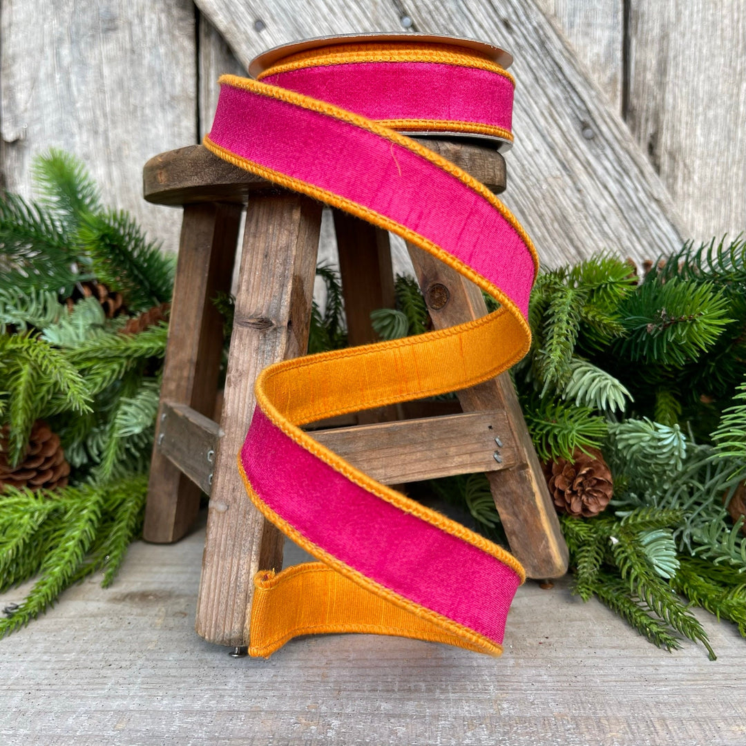 1" Pink Orange Contrast Taffeta, Farrisilk Ribbon, Wired Ribbon