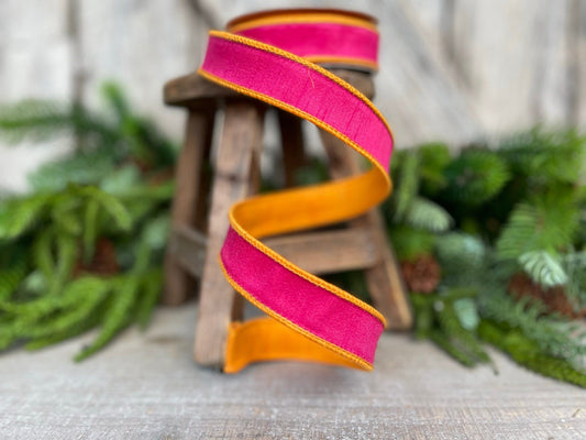 1" Pink Orange Contrast Taffeta, Farrisilk Ribbon, Wired Ribbon