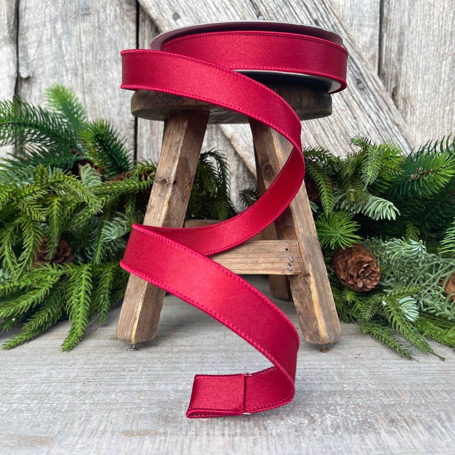 1" Ruby Satin Ribbon, Farrisilk Ribbon, Wired Ribbon