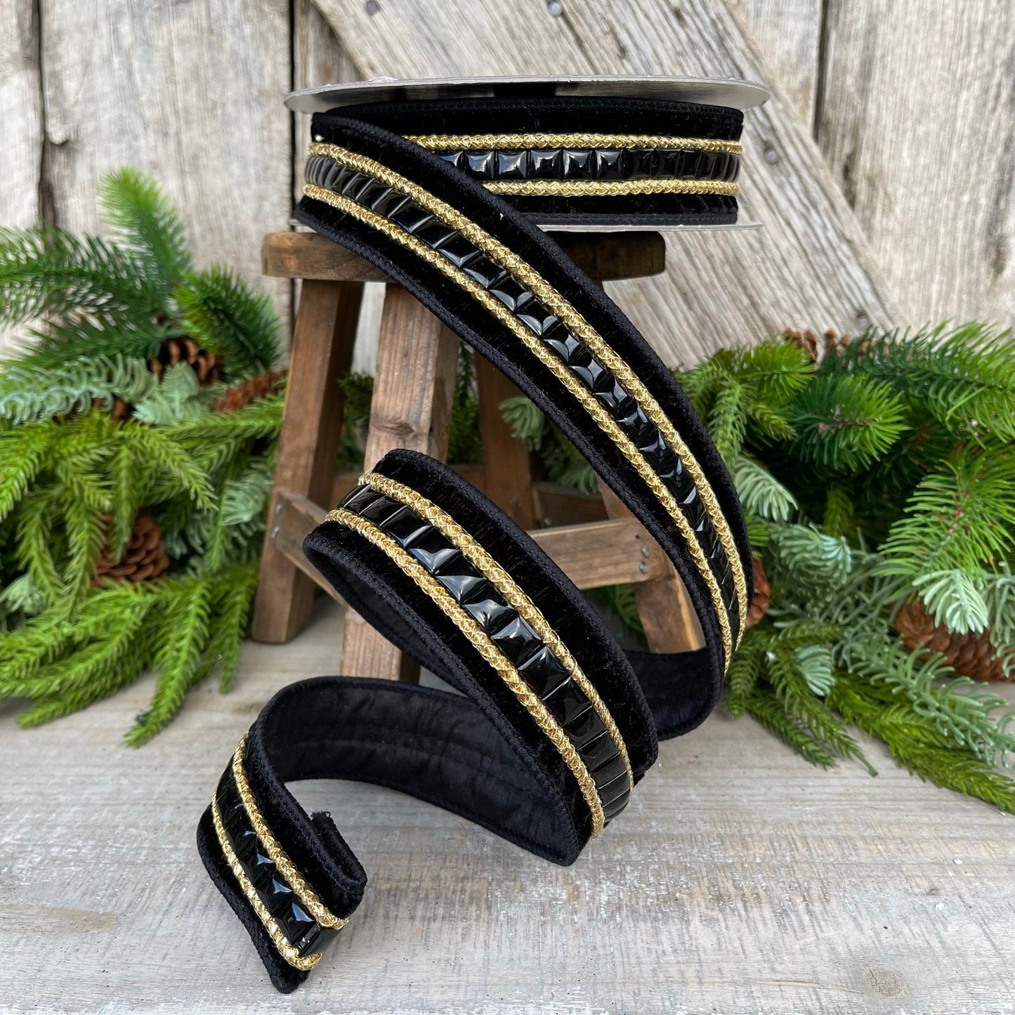1.5" Black Gemstone Ribbon, Farrisilk Ribbon, Black Jeweled Ribbon