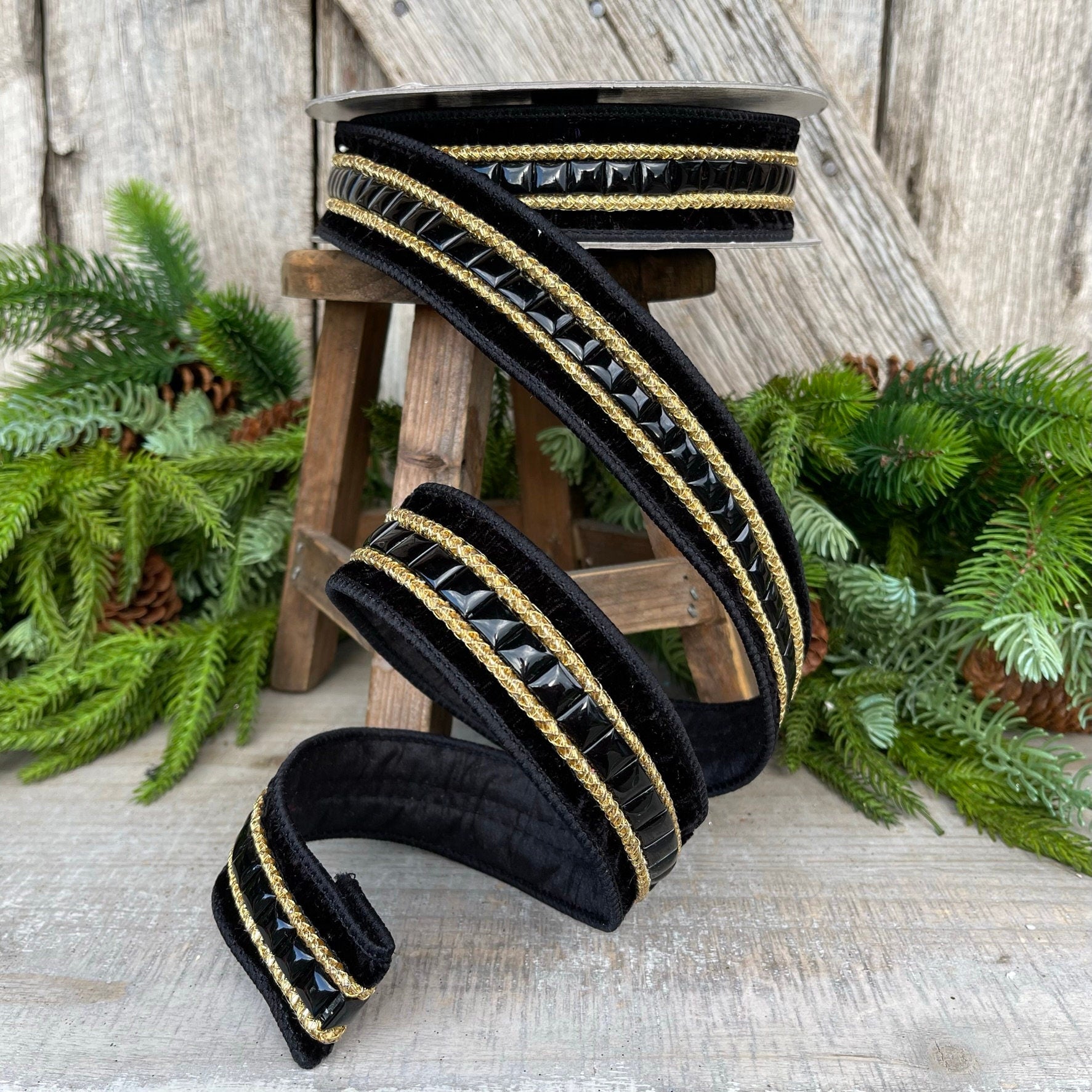 1.5" Black Gemstone Ribbon, Farrisilk Ribbon, Black Jeweled Ribbon
