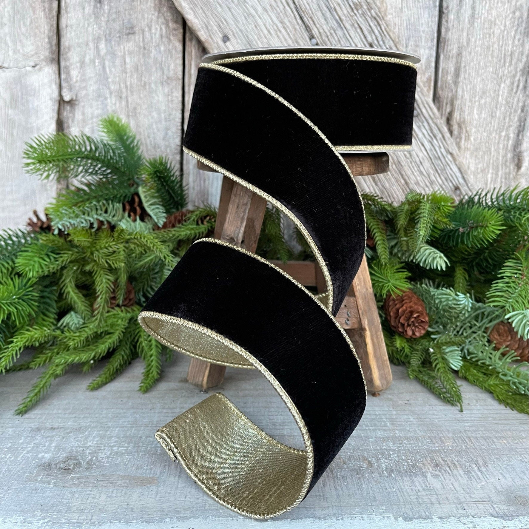 2.5" Black Flashy Velvet, Farrisilk Ribbon, Wired Ribbon