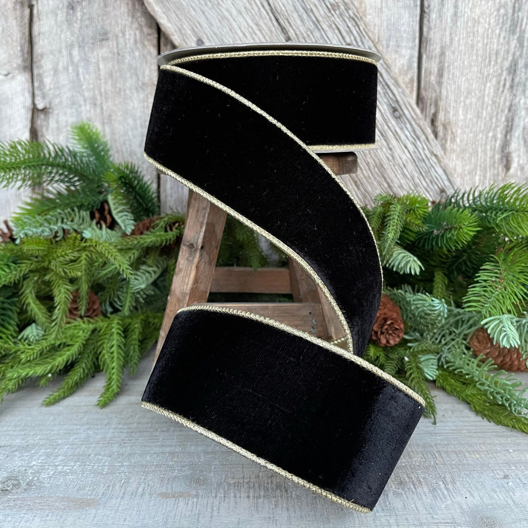 2.5" Black Flashy Velvet, Farrisilk Ribbon, Wired Ribbon
