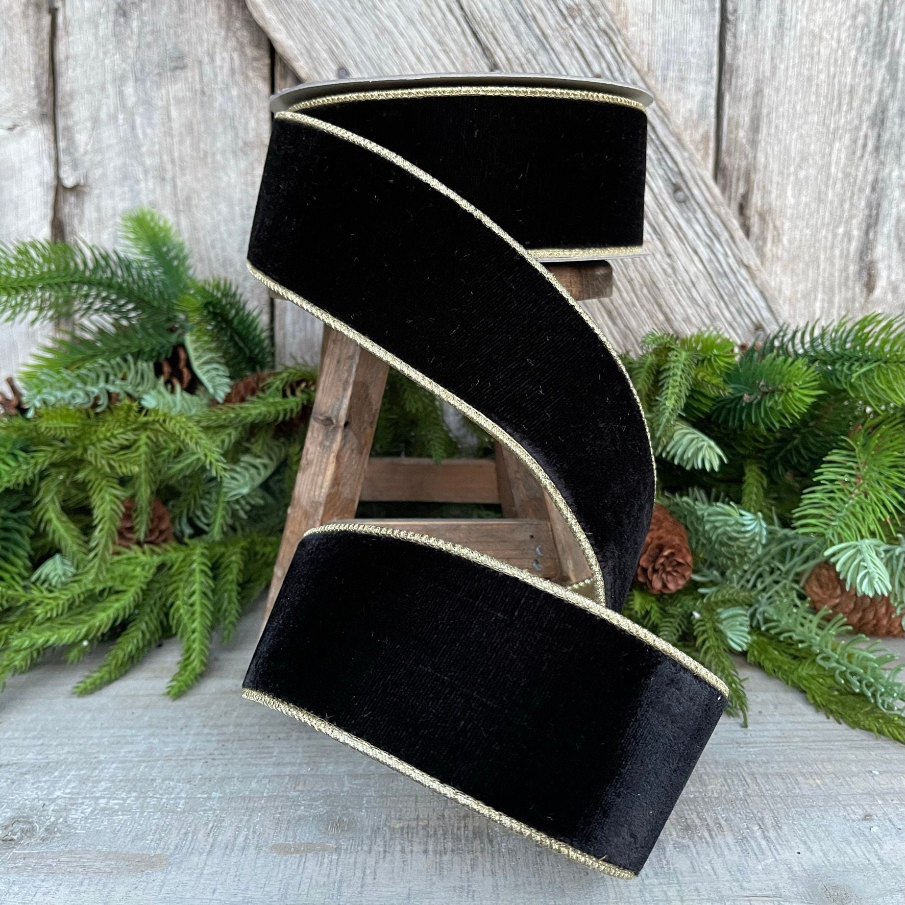 2.5" Black Flashy Velvet, Farrisilk Ribbon, Wired Ribbon