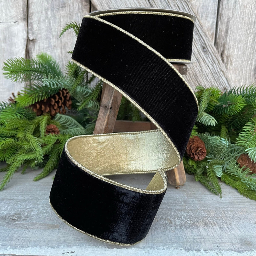 2.5" Black Flashy Velvet, Farrisilk Ribbon, Wired Ribbon