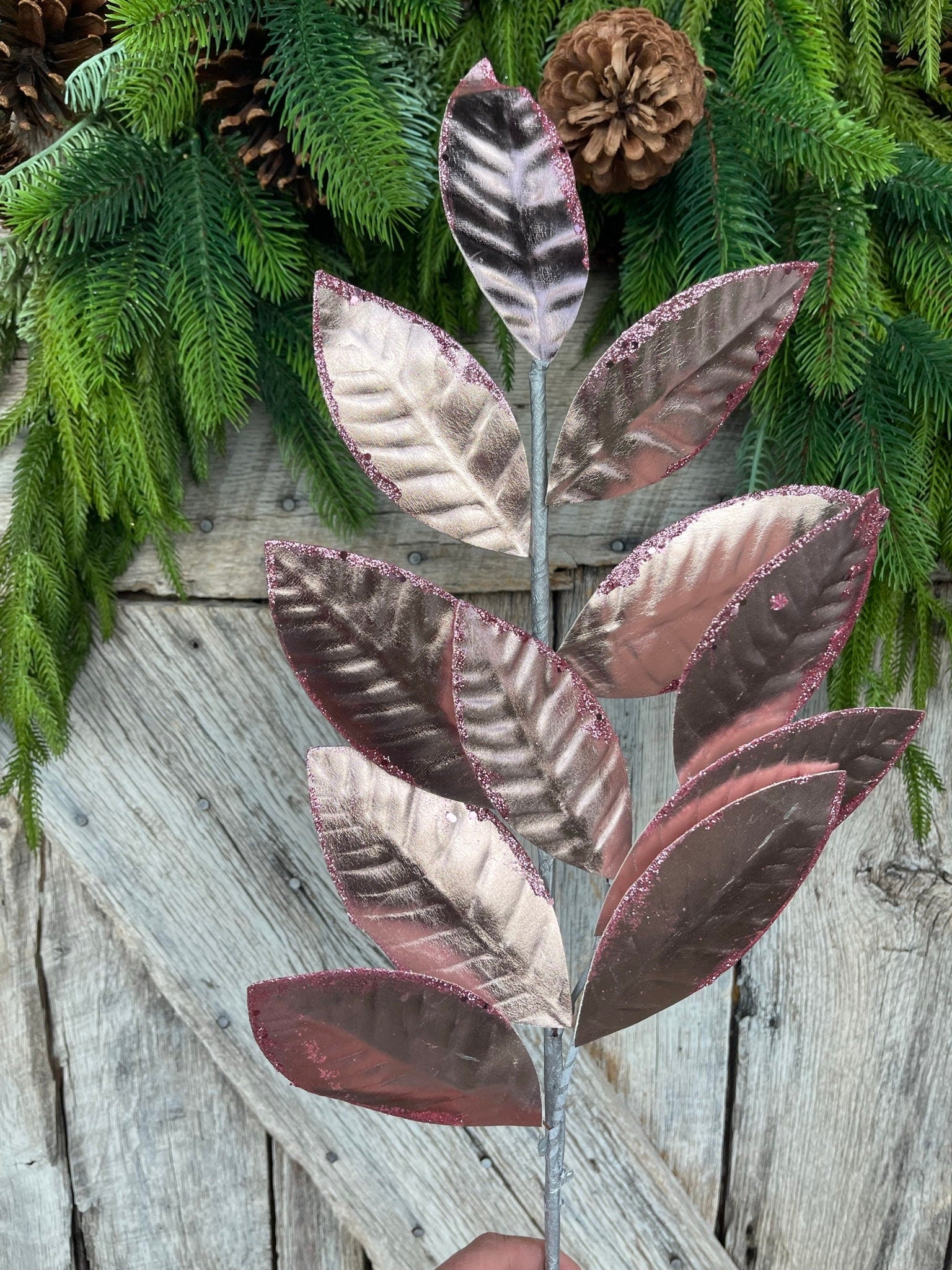 27" Pink Leaf Spray, Christmas Leaves Spray