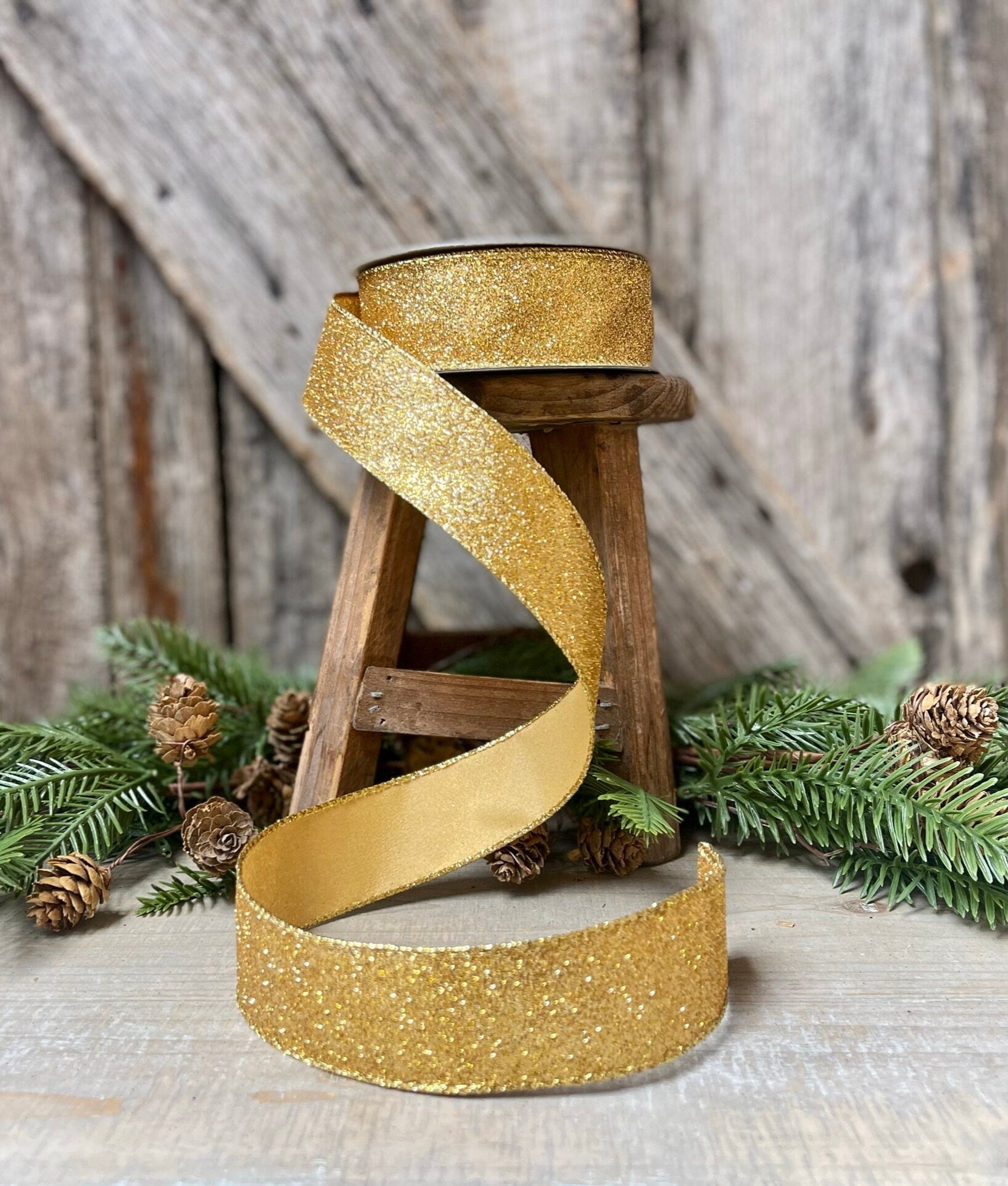 1.5" Christmas Ribbon, Farrisilk Ribbon, Diamond Dust Ribbon, Red, Emerald Green, Ruby, Gold, Light Gold, Wired Ribbon, Glitter Ribbon