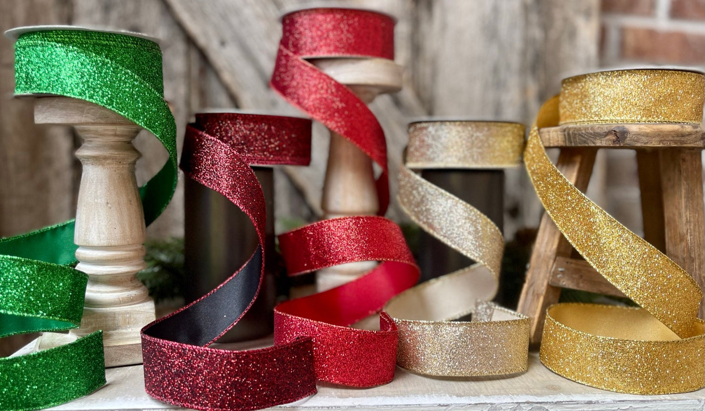 1.5" Christmas Ribbon, Farrisilk Ribbon, Diamond Dust Ribbon, Red, Emerald Green, Ruby, Gold, Light Gold, Wired Ribbon, Glitter Ribbon