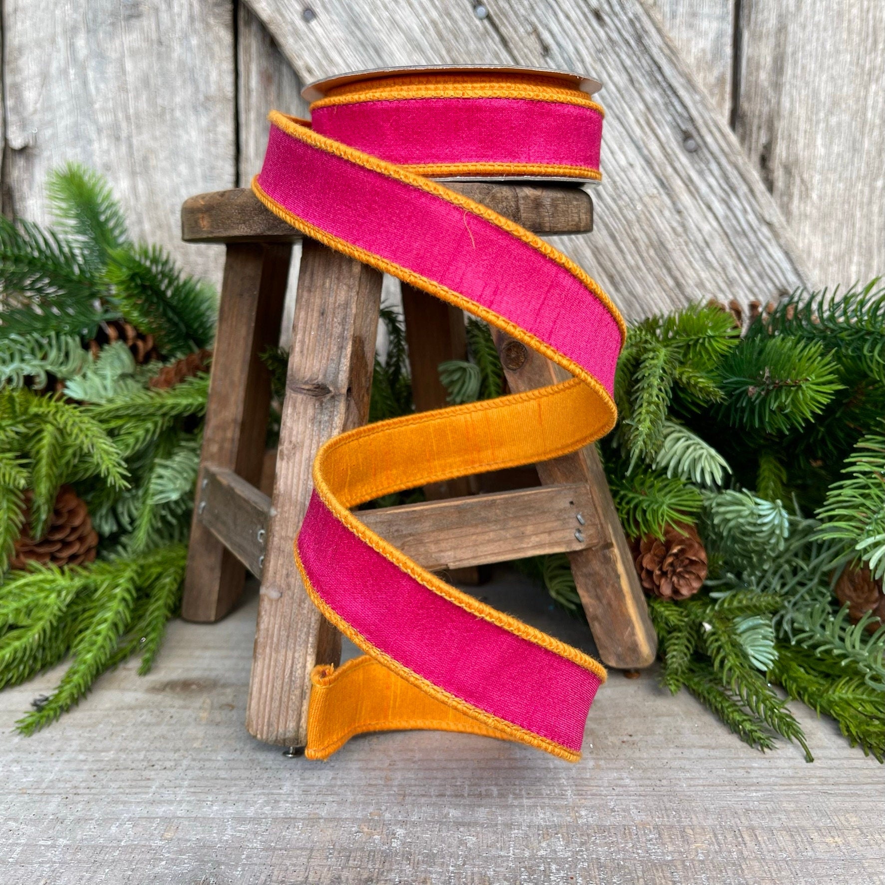 1" Pink Orange Contrast Taffeta, Farrisilk Ribbon, Wired Ribbon
