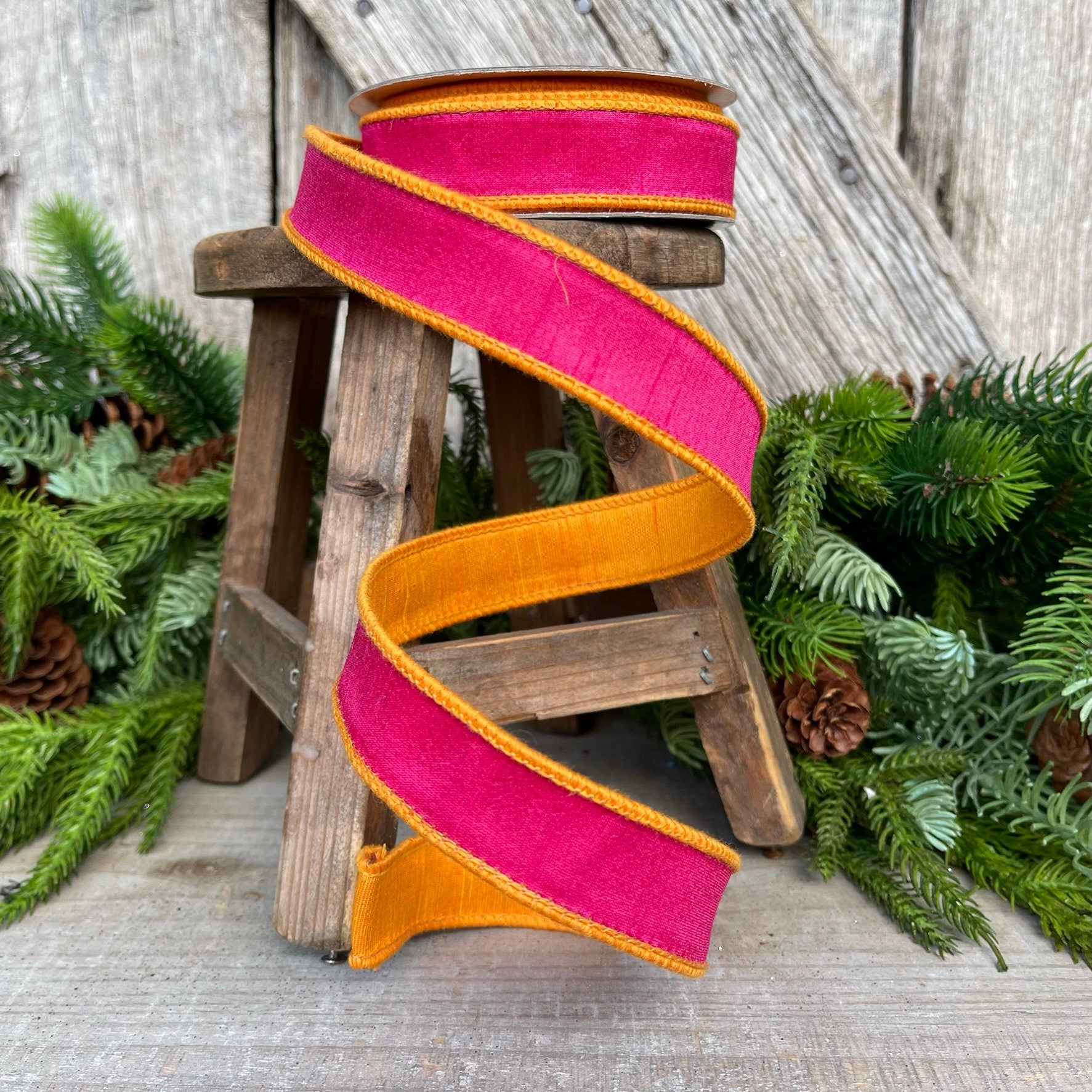 1" Pink Orange Contrast Taffeta, Farrisilk Ribbon, Wired Ribbon