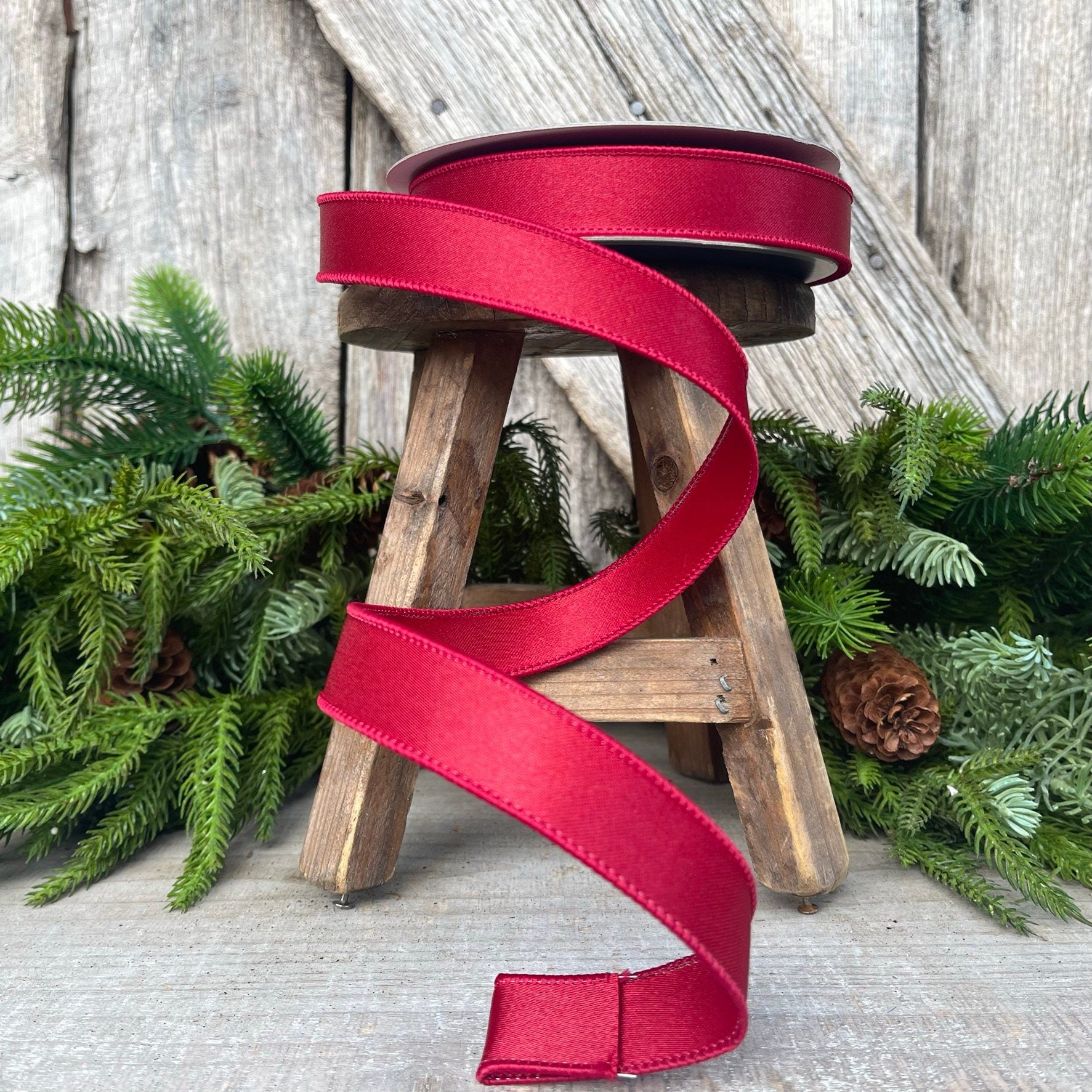 1" Ruby Satin Ribbon, Farrisilk Ribbon, Wired Ribbon