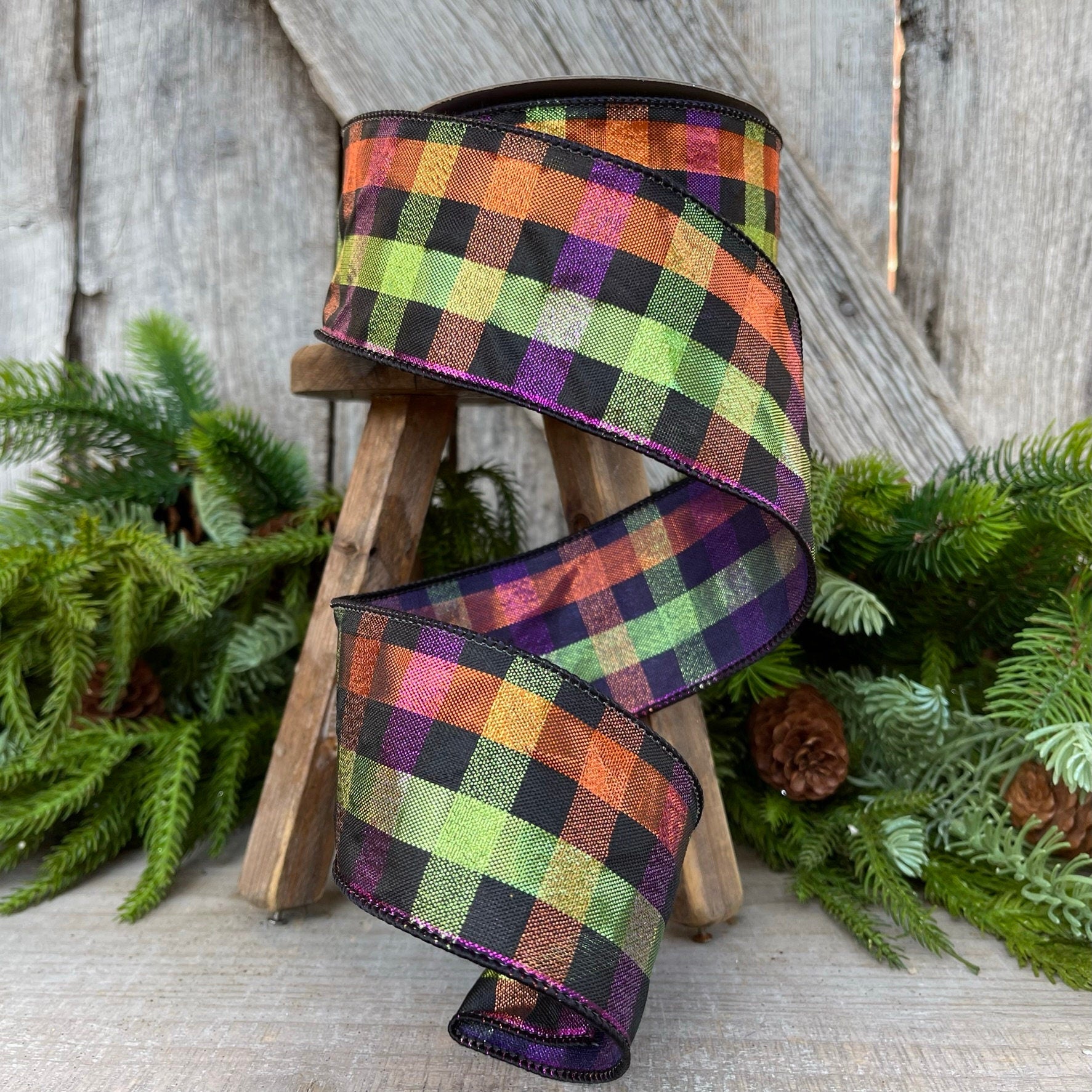 2.5" Halloween SpookyPlaid, Farrisilk Ribbon, Wired RIbbon