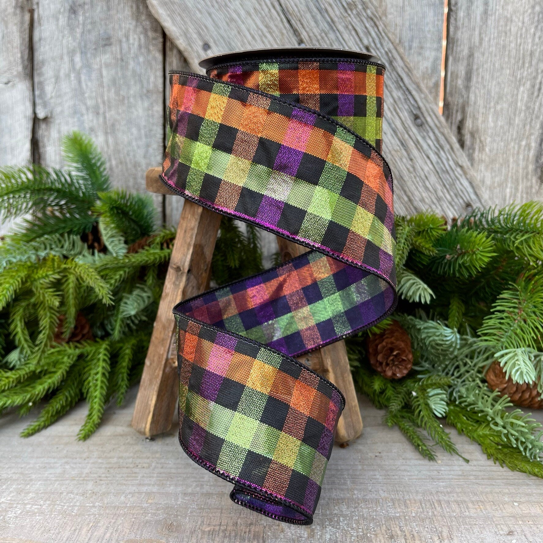 2.5" Halloween SpookyPlaid, Farrisilk Ribbon, Wired RIbbon