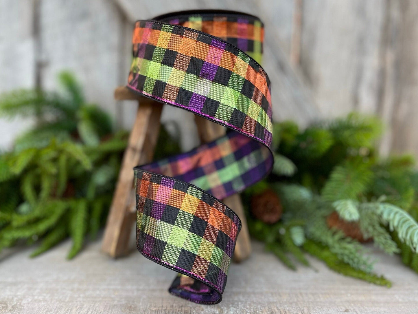 2.5" Halloween SpookyPlaid, Farrisilk Ribbon, Wired RIbbon