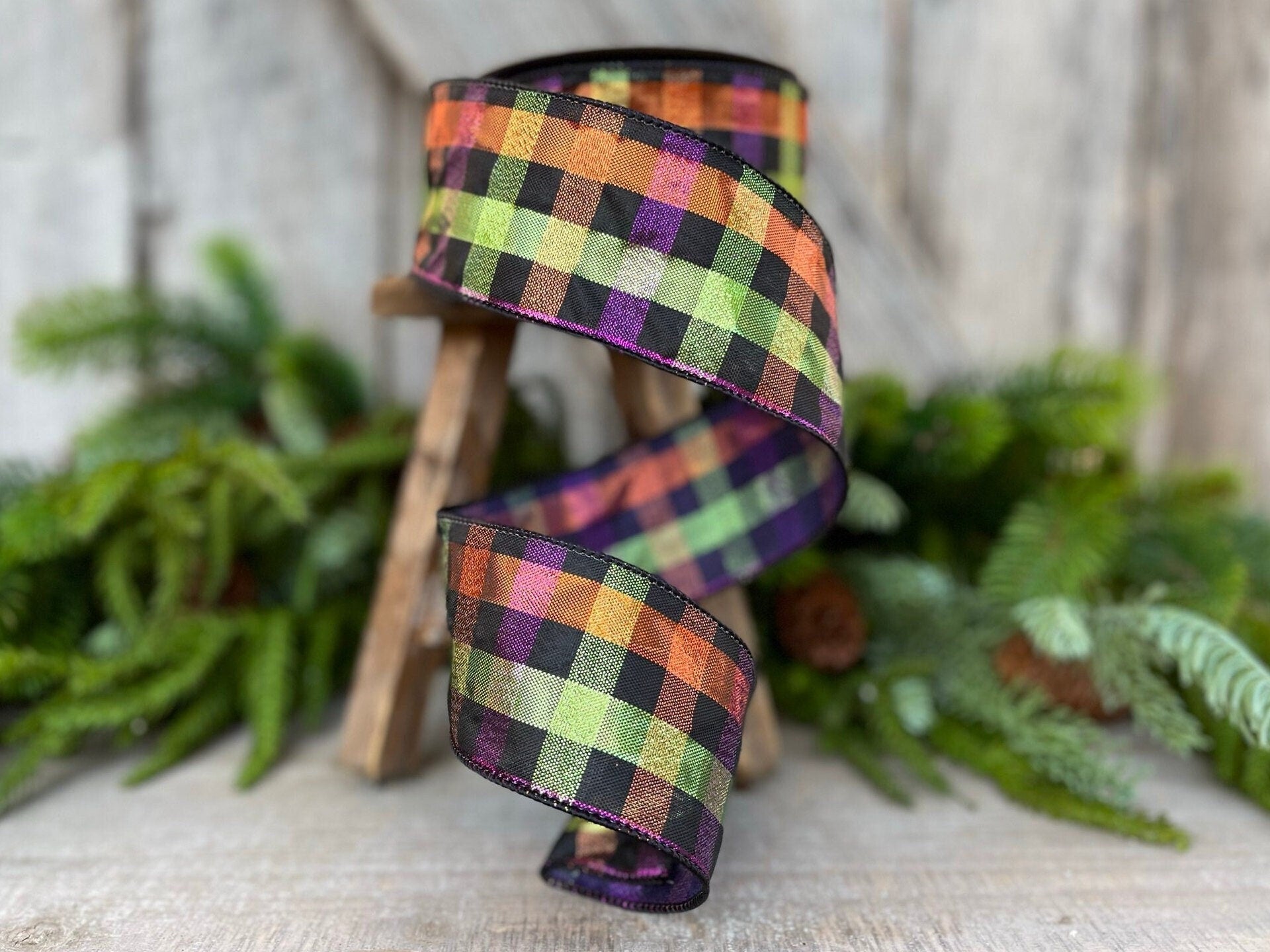 2.5" Halloween SpookyPlaid, Farrisilk Ribbon, Wired RIbbon