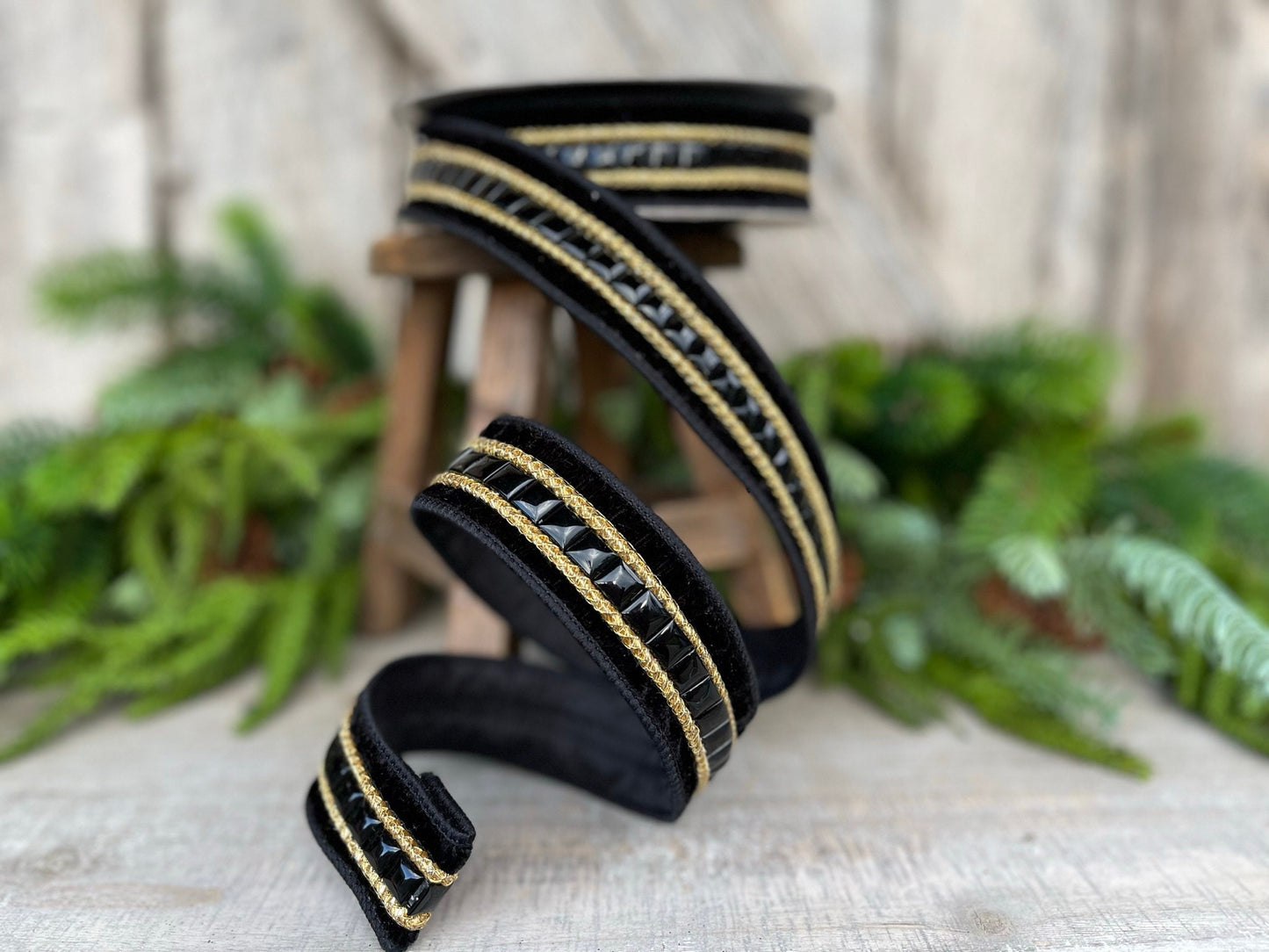 1.5" Black Gemstone Ribbon, Farrisilk Ribbon, Black Jeweled Ribbon