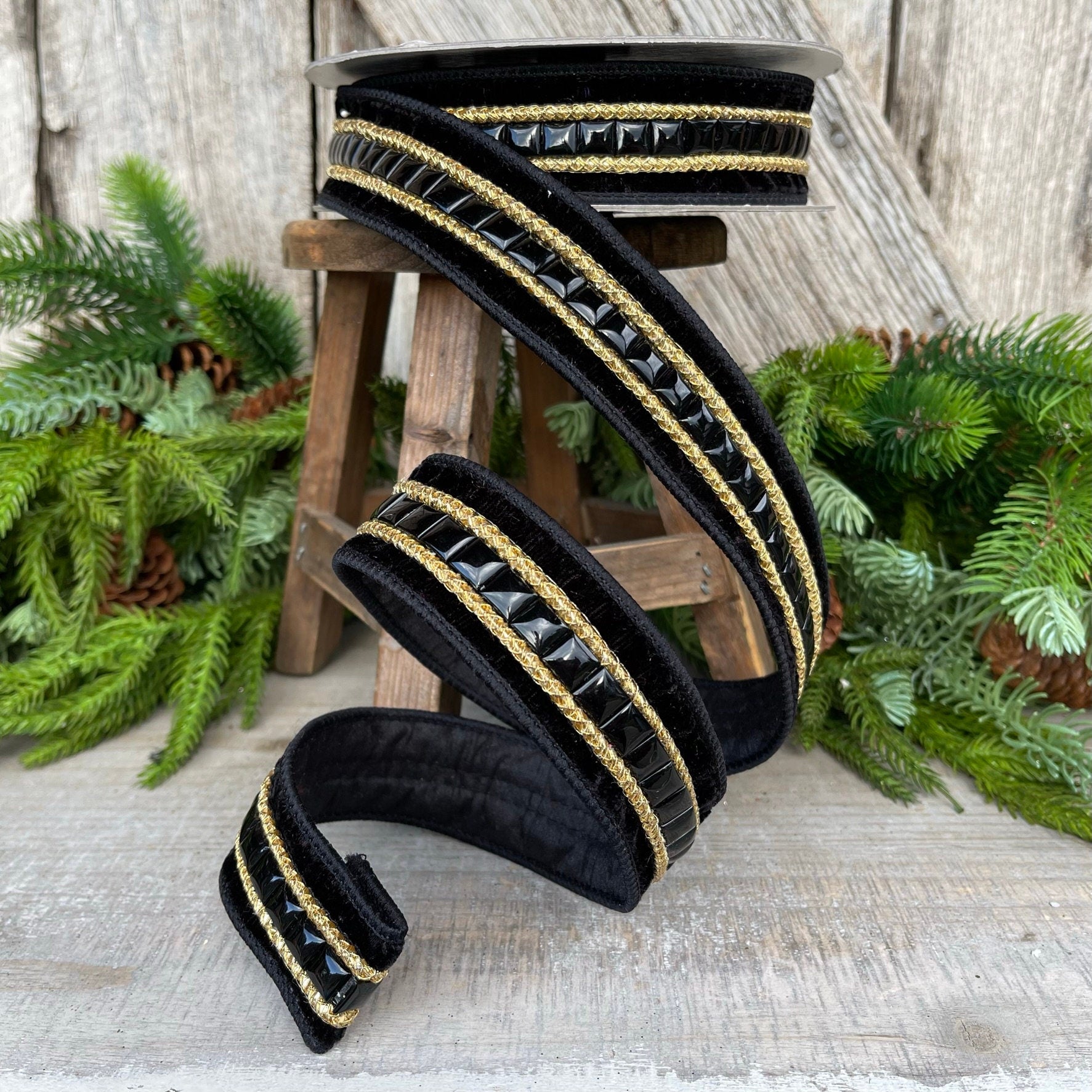1.5" Black Gemstone Ribbon, Farrisilk Ribbon, Black Jeweled Ribbon