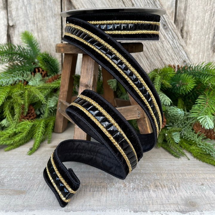 1.5" Black Gemstone Ribbon, Farrisilk Ribbon, Black Jeweled Ribbon