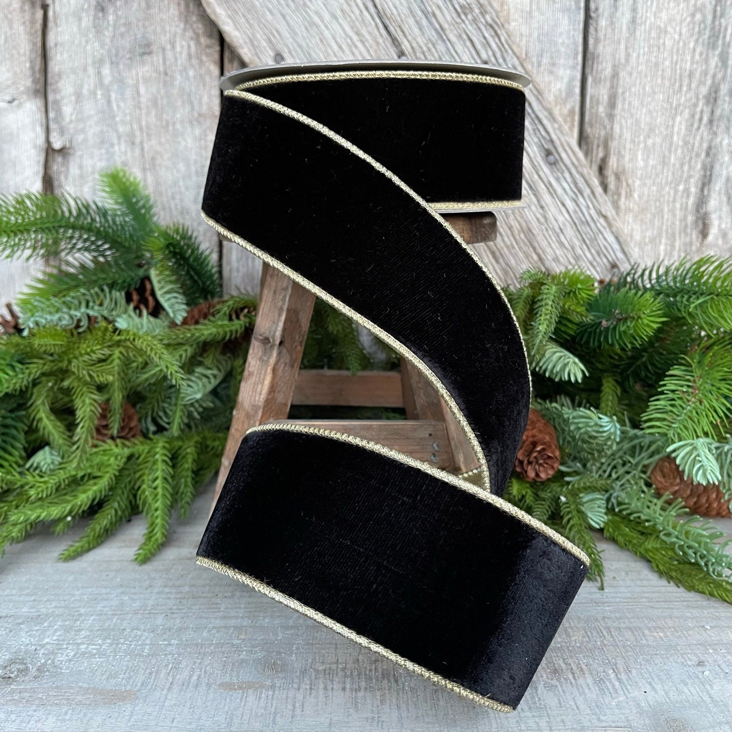 2.5" Black Flashy Velvet, Farrisilk Ribbon, Wired Ribbon