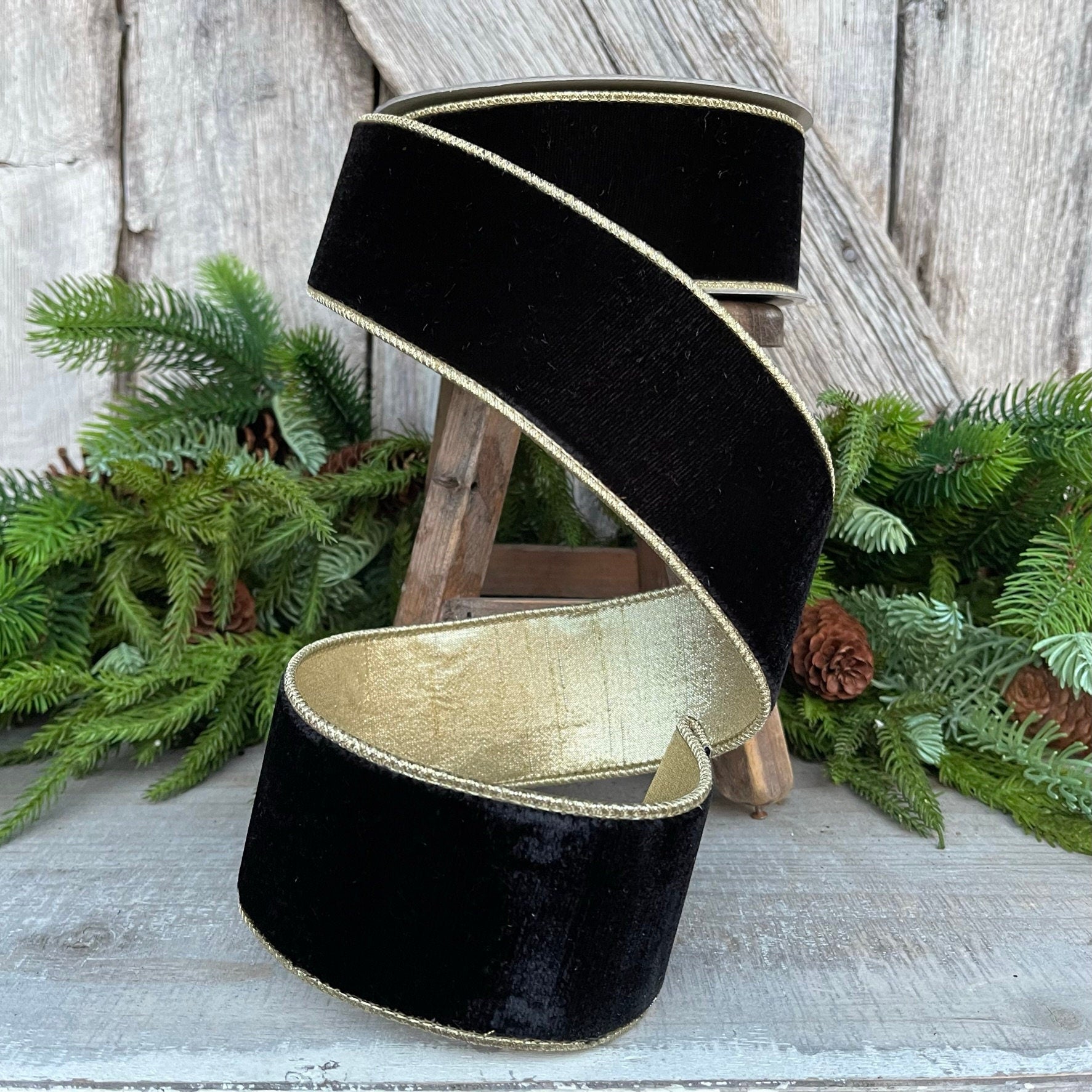 2.5" Black Flashy Velvet, Farrisilk Ribbon, Wired Ribbon