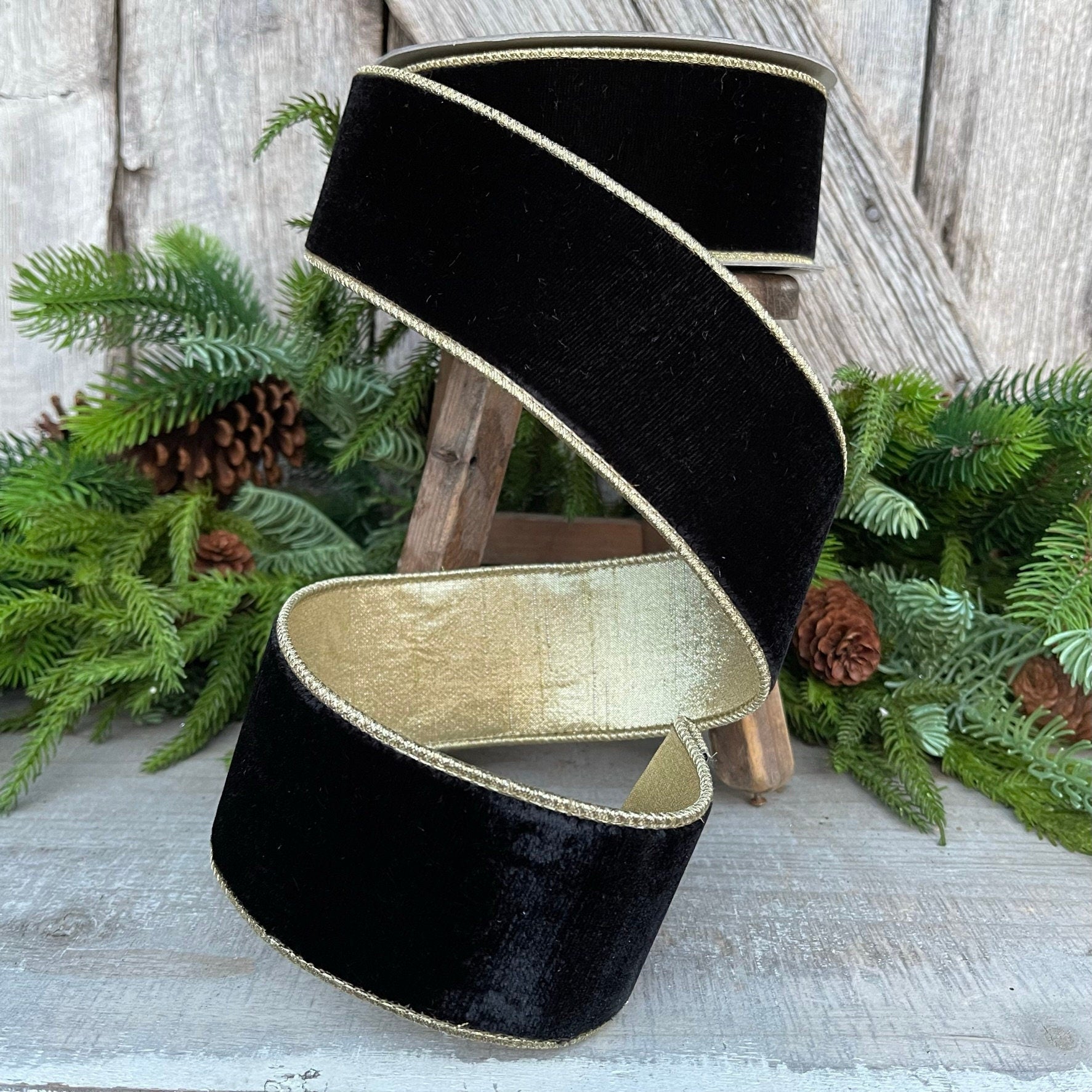 2.5" Black Flashy Velvet, Farrisilk Ribbon, Wired Ribbon