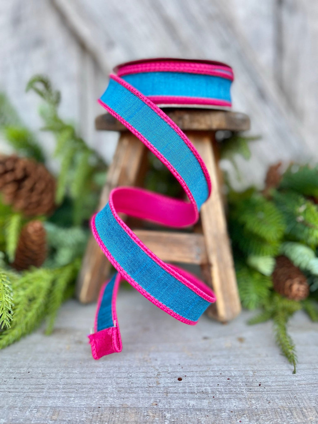 1" Turquoise and Pink Contrast Taffeta, Farrisilk Ribbon