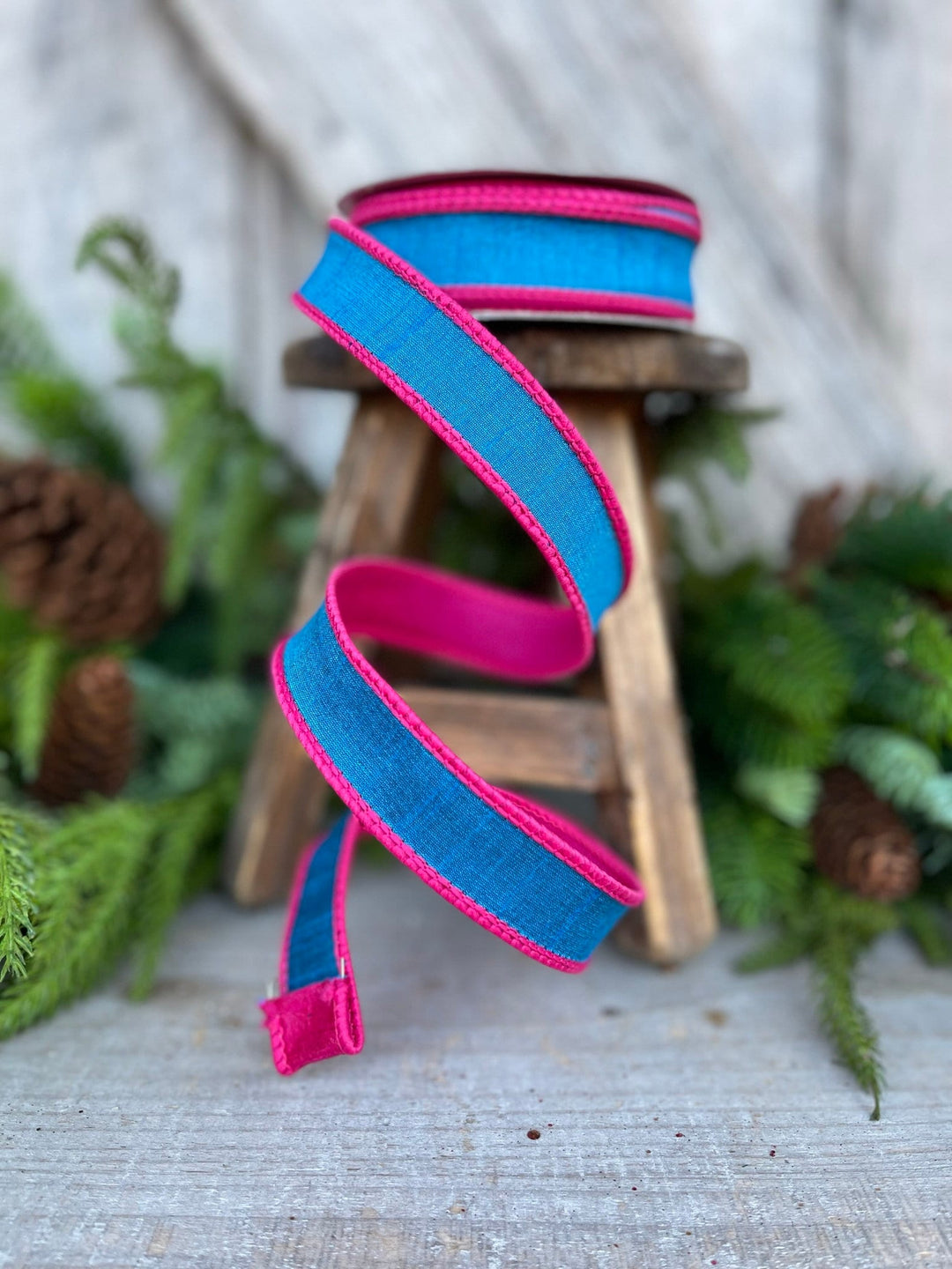 1" Turquoise and Pink Contrast Taffeta, Farrisilk Ribbon, Wired Ribbon