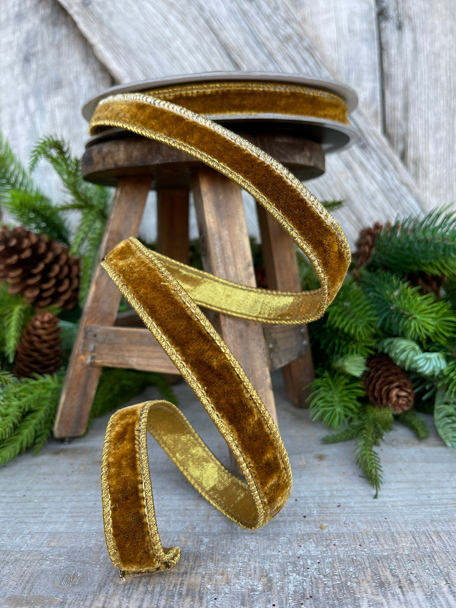 3/4" Antique Gold Wired Ribbon, Farrisilk Ribbon, Velvet Ribbon