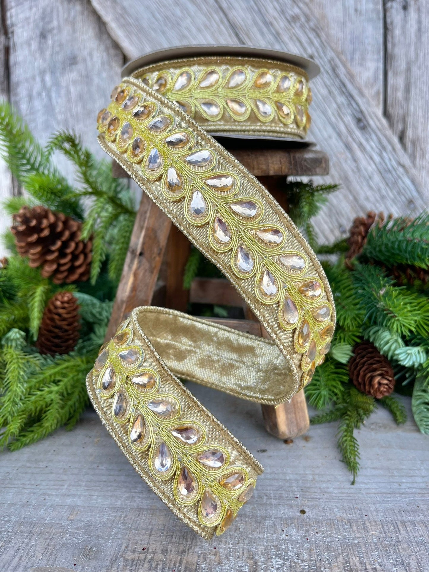 1.5" Gold Jeweled Ribbon, Farrisilk Ribbon, Wired Ribbon