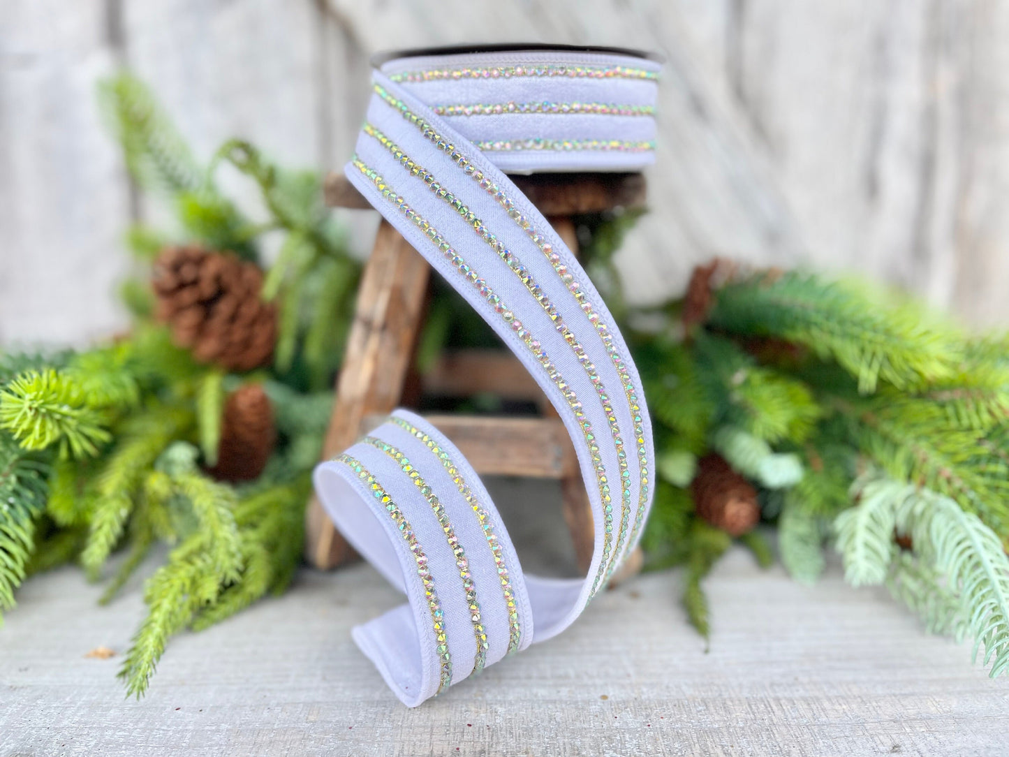 1.5" White Iridescent Jeweled Stripe Ribbon, Farrisilk Ribbon