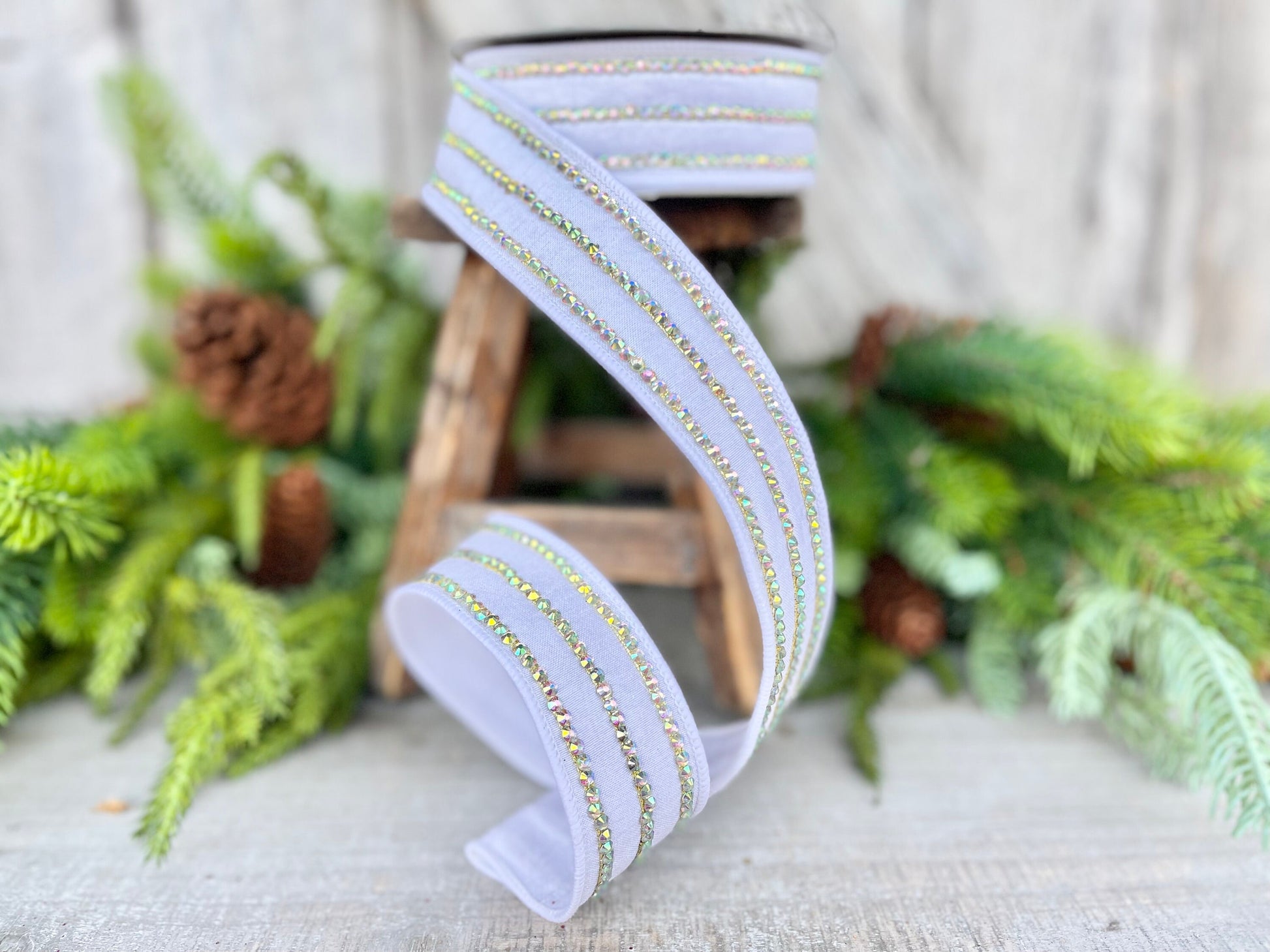 1.5" White Iridescent Jeweled Stripe Ribbon, Farrisilk Ribbon