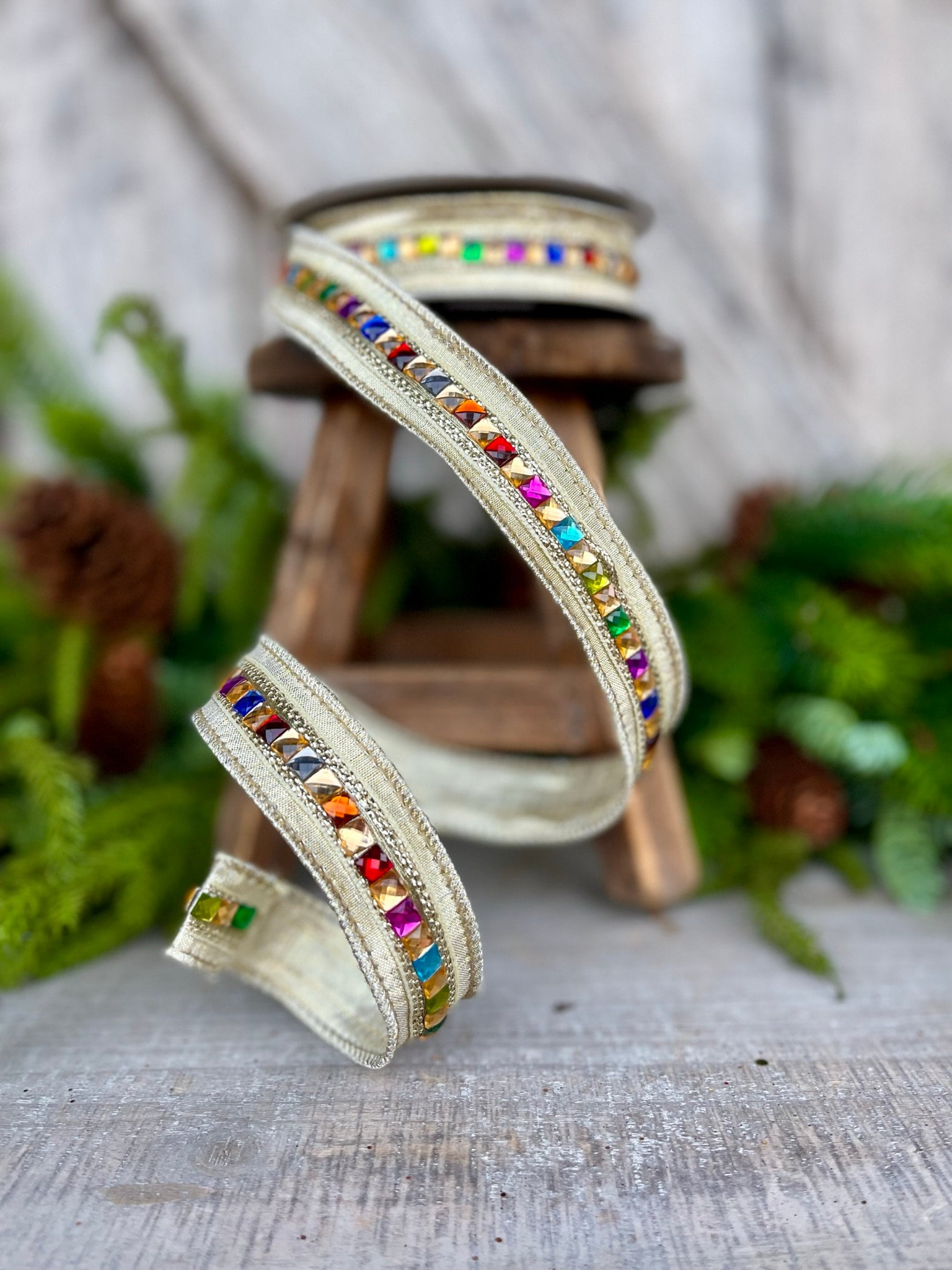 1" Platinum KALEIDOSCOPE Ribbon, Farrisilk Ribbon, Platinum Gold Jeweled Ribbon
