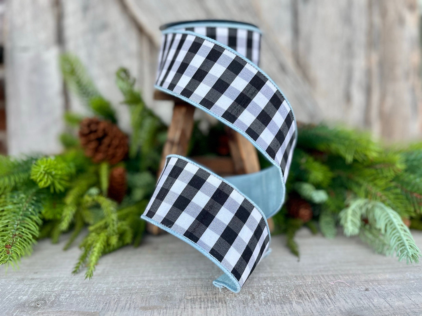 2.5" LIght Blue and Black and White Check Ribbon, Farrisilk Ribbon, WIred Ribbon