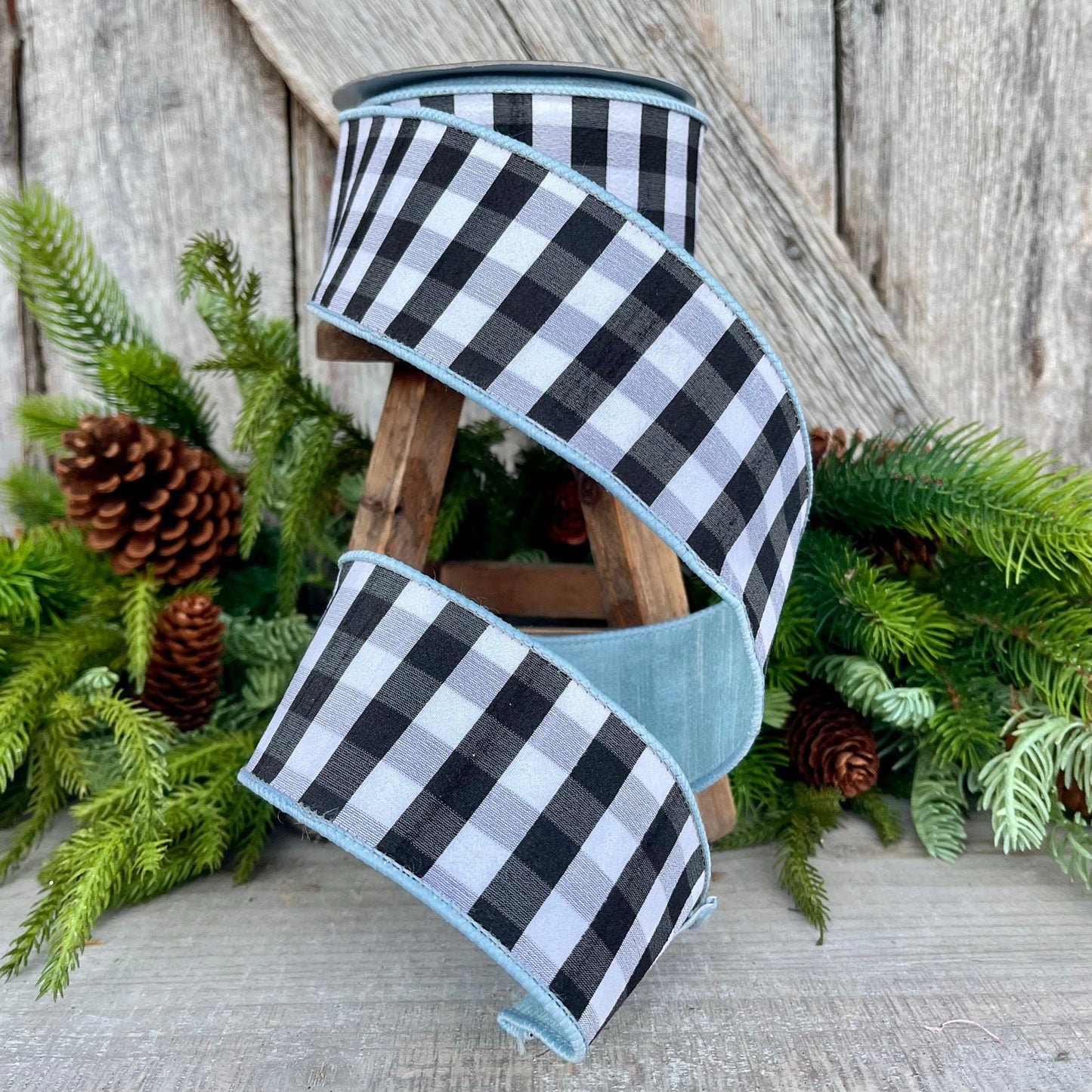 2.5" LIght Blue and Black and White Check Ribbon, Farrisilk Ribbon, WIred Ribbon