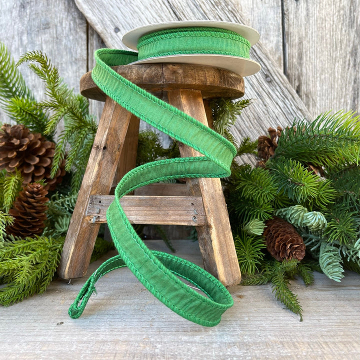 7/8" Emerald Green Dupioni Ribbon, Wired Ribbon, Narrow Ribbon