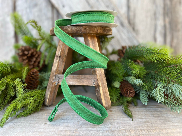 7/8" Emerald Green Dupioni Ribbon, Wired Ribbon, Narrow Ribbon